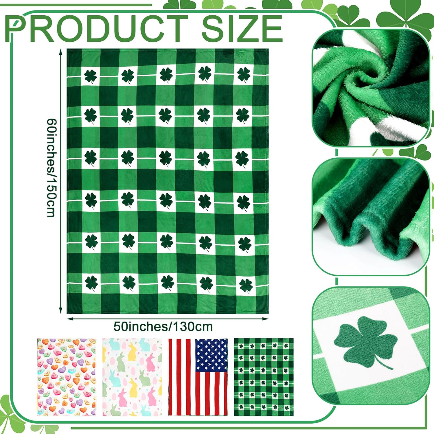 2 Pcs St. Patricks Day Patriotic US Flag Blanket and Easter Conversation Heart Throw Blanket Reversible Double Sided 50 x 60 in Flannel Interchangeable Seasonal Blankets Room Decor - Image 2