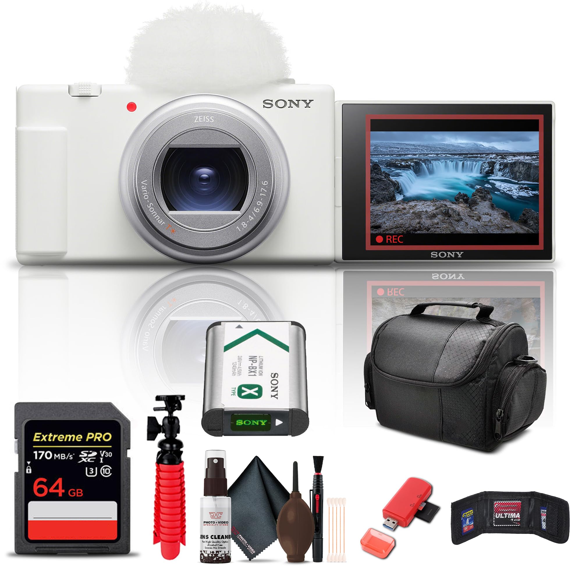 Sony ZV-1 II Vlog Camera for Content Creators and Vloggers (White) (ZV-1M2/W) + 64GB Memory Card + Card Reader + Deluxe Soft Bag + Flex Tripod +