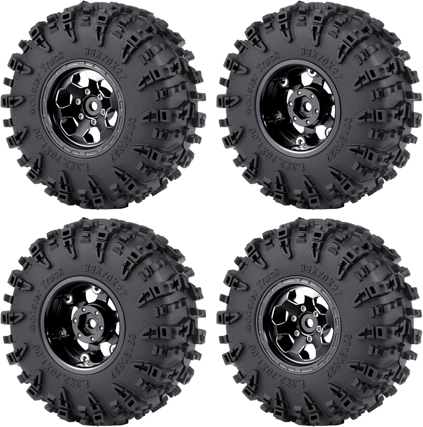 4PCS 1.3" Aluminium Wheels Rims Hub & 70mm Soft Rubber Tires Upgrade Parts for 1/24 Axial SCX24 1/18 Tra-xxas TRX4-M RC Crawler Car (Black)