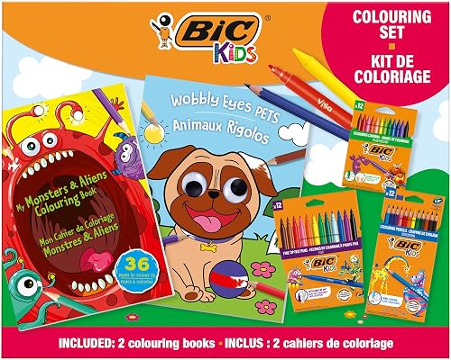 BIC Kids Set Para Colorear. Incluye 2 Libros para Colorear, 3 sets de 12 Rotuladores, 12 Lápices de colores y 12 Crayones. Regala Diversión a los Niños. Explora y Crea sin Límites
