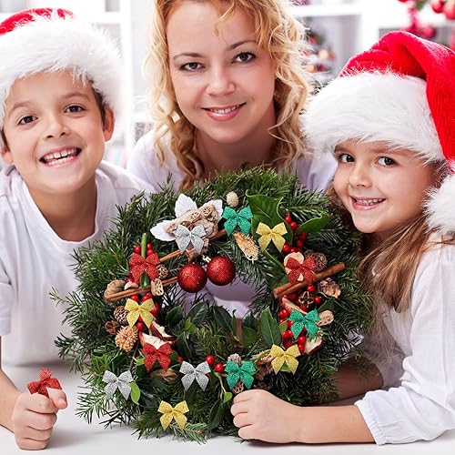 Miniatura 5 de Syhood 150 piezas de mini lazo de Navidad hecho a mano, cinta de pelo pequeño, suministros de manualidades para decoración de fiestas de costura