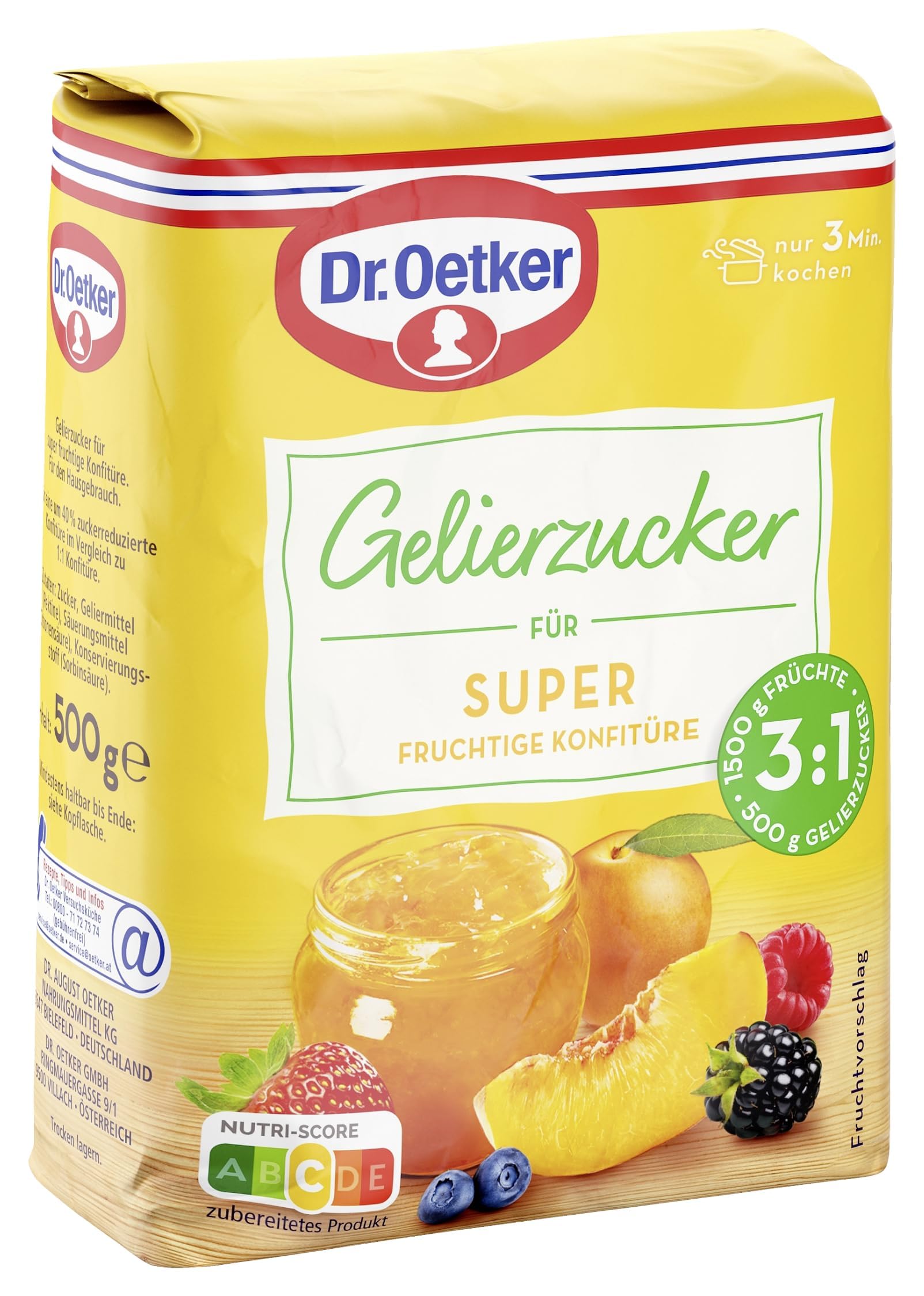 Dr. Oetker Gelierzucker Super 3:1 10er Pack, fertiger Gelierzucker, zum Selbermachen von Konfitüren, Marmeladen und Gelees, für viel Fruchtigkeit & weniger Süße, vegan, 10 x 500 g