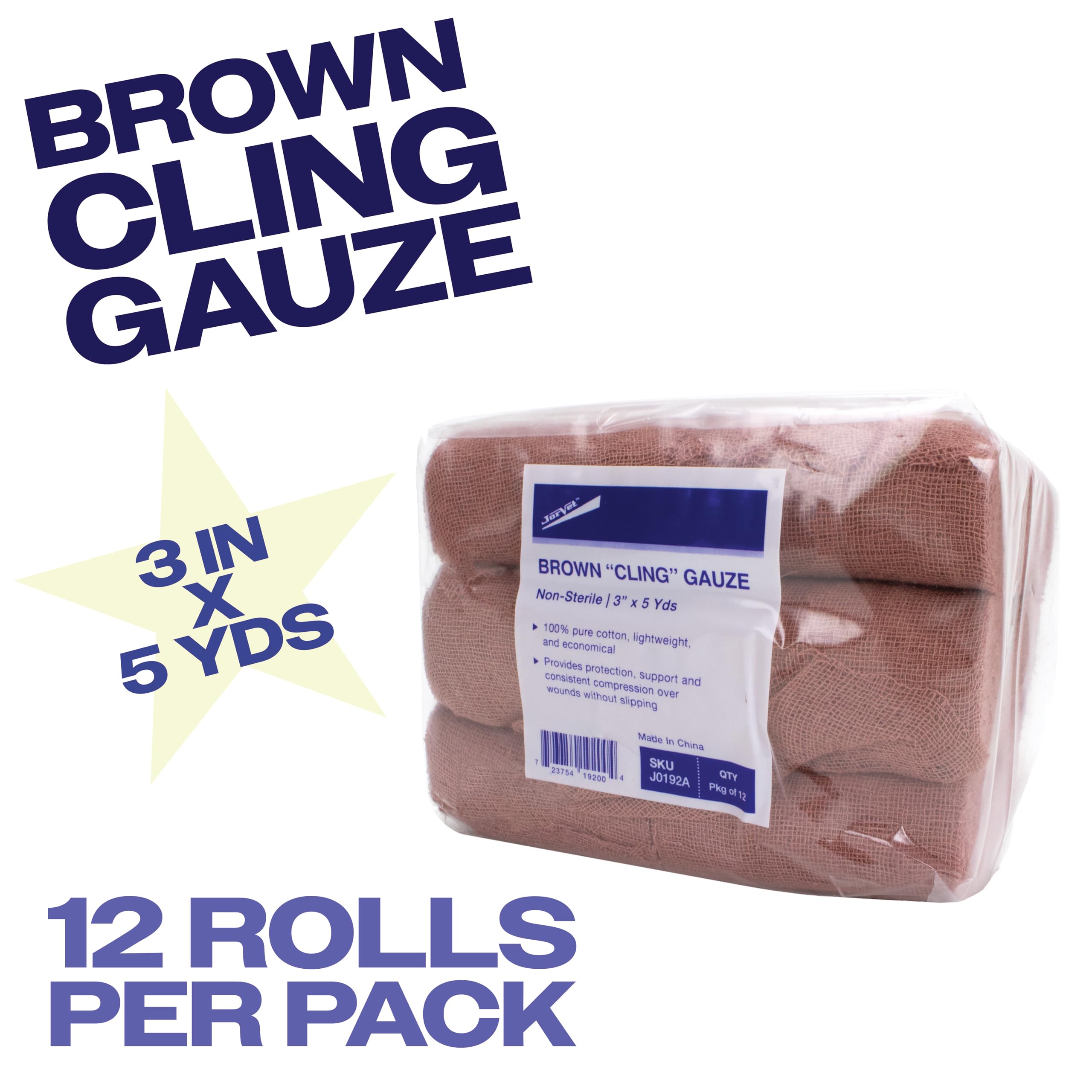 Generic Brown Gauze Rolls Pack of 12, Bandage Roll, 100% Cotton, 3” x 5 Yards, Cling Gauze Wrap for Effective Wound Care & Comfort