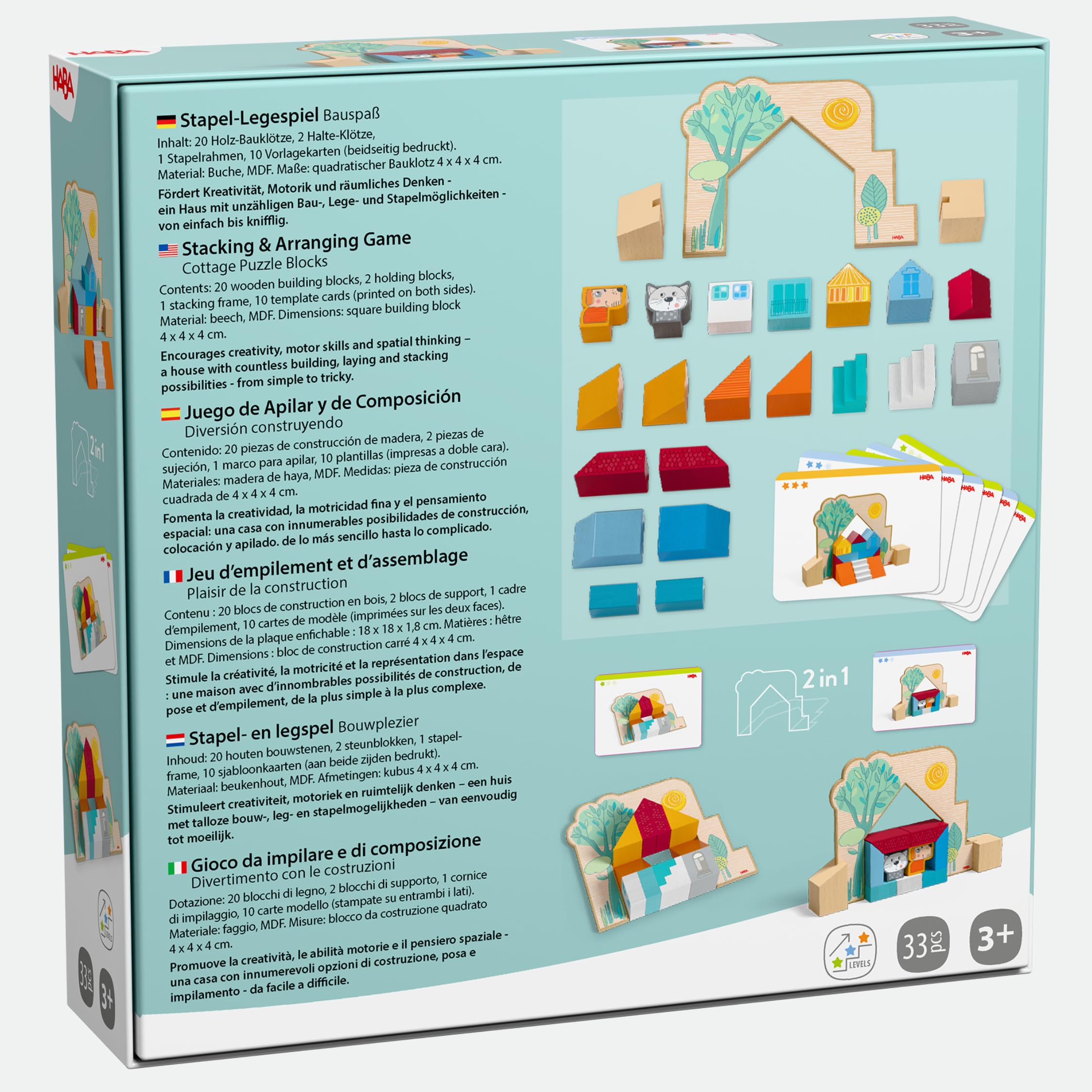 HABA Stapel- und Legespiel Bauspaß – 3D-Holzbausteine für Kinder ab 3 Jahren – Kreatives Konstruktionsspiel mit 20 Bausteinen & Vorlagekarten – 2012382001