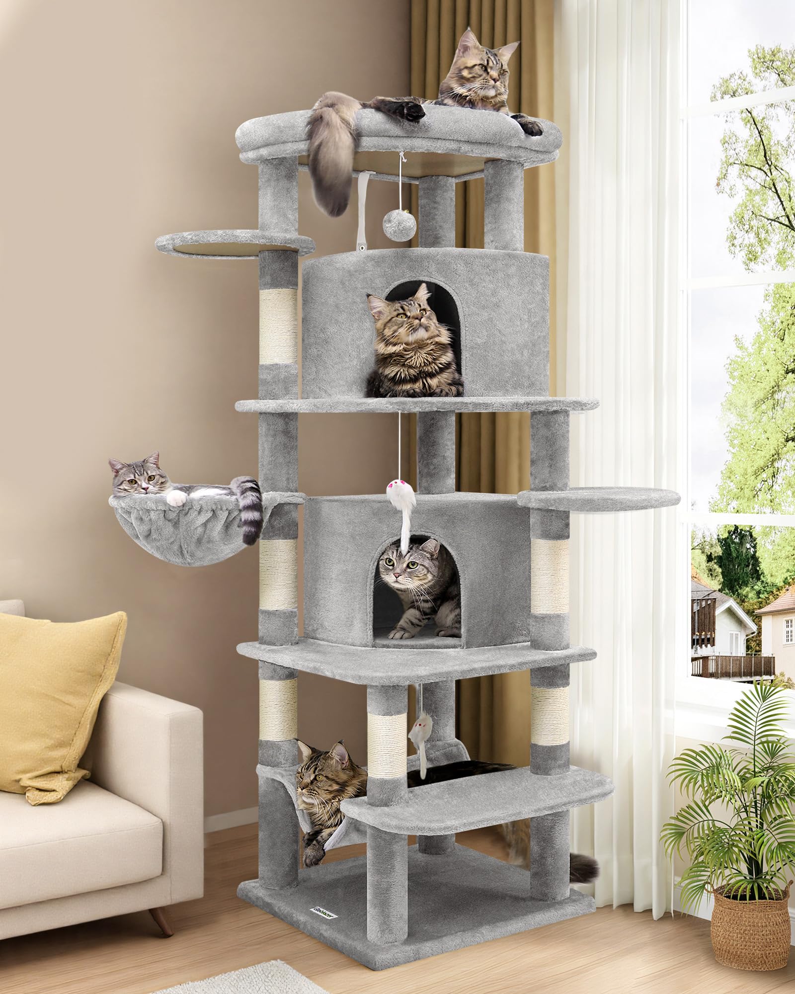 Globlazer Kratzbaum Katzen, Eckkratzbaum Stabil hoch 167 cm mit 2 Sektor Katzenhaus, Gepolsterte Plattform, Plüsch Hängematte, Weich Korb, Kratzbaum für 3-4 Erwachsene Katzen Innen (C66, Hellgrau)