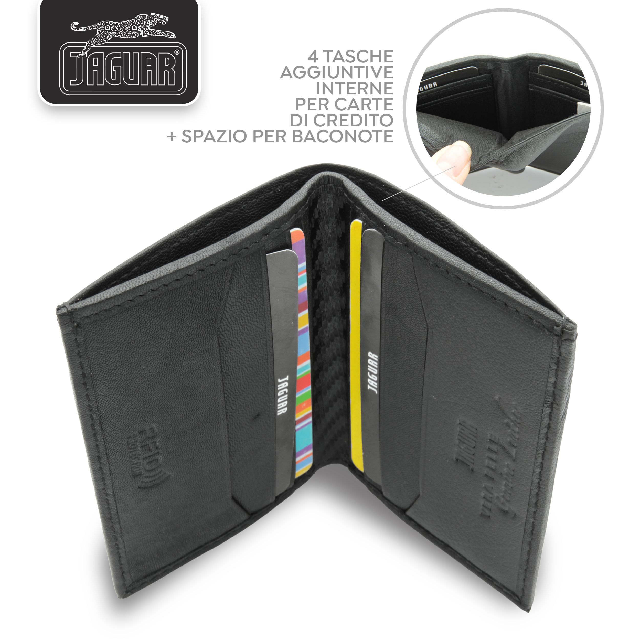 JAGUAR Porta Carte di Credito Uomo in Pelle con Protezione RFID e Logo Distintivo, Portacarte Uomo Portadocumenti Leggero e Comodo, Idea Regalo per Compleanno, Occasioni Speciali (Nero)
