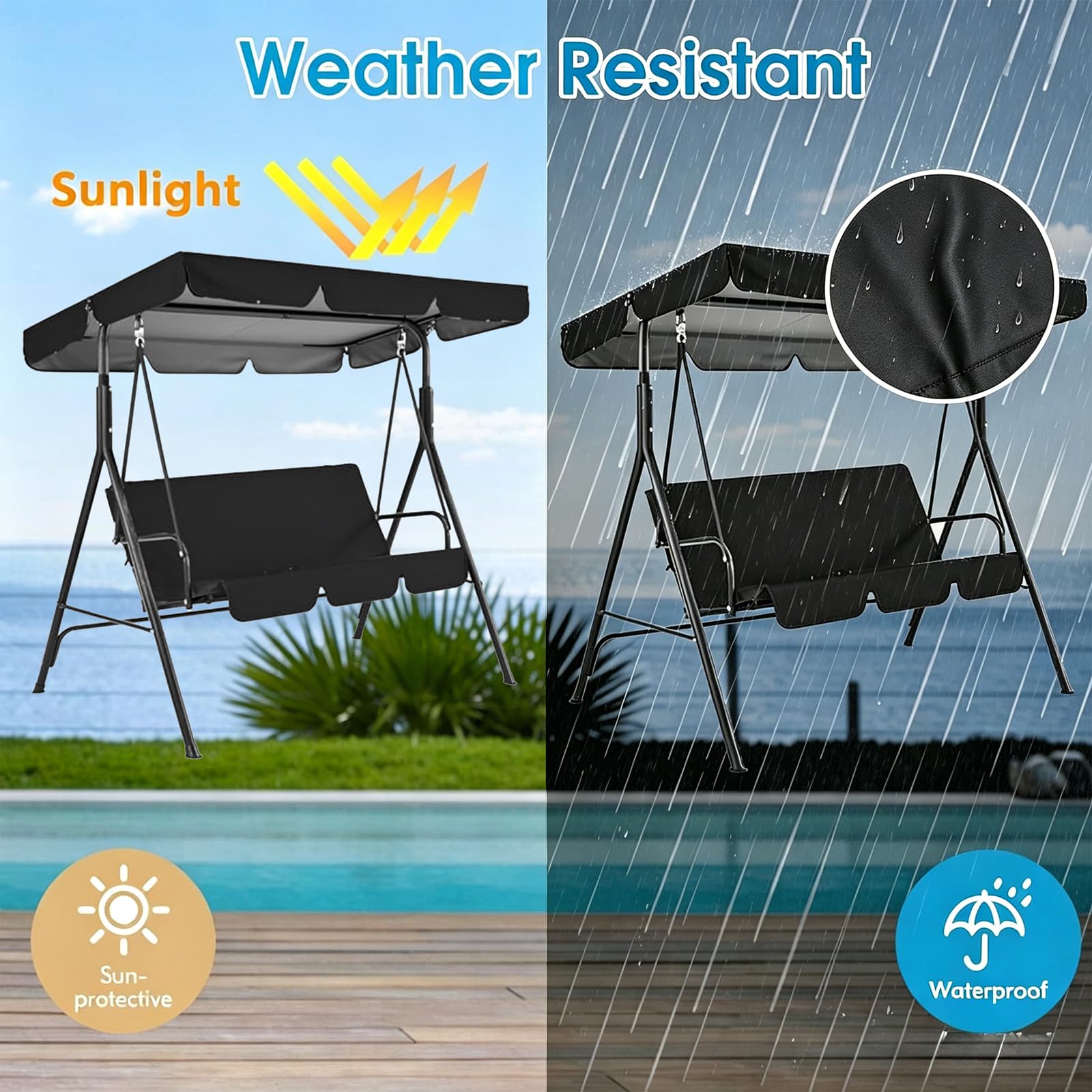 Generico Copertura Dondolo 2-3 Posti,Tetto di Ricambio per Dondolo da Giardino in Tessuto Oxford 210D,Antivento, Anti-UV, Resistente, a Prova di Strappo,07,164x 114x15cm