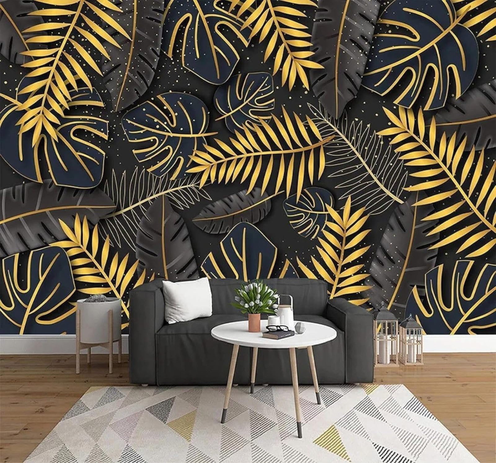 XLMING Creative Black Gold Plants Leaves 3D Wallpaper Silky Texture Home Study Office Grey Dining Room Sofa Bedroom Living Room TV Backdrop-400cm×280cm