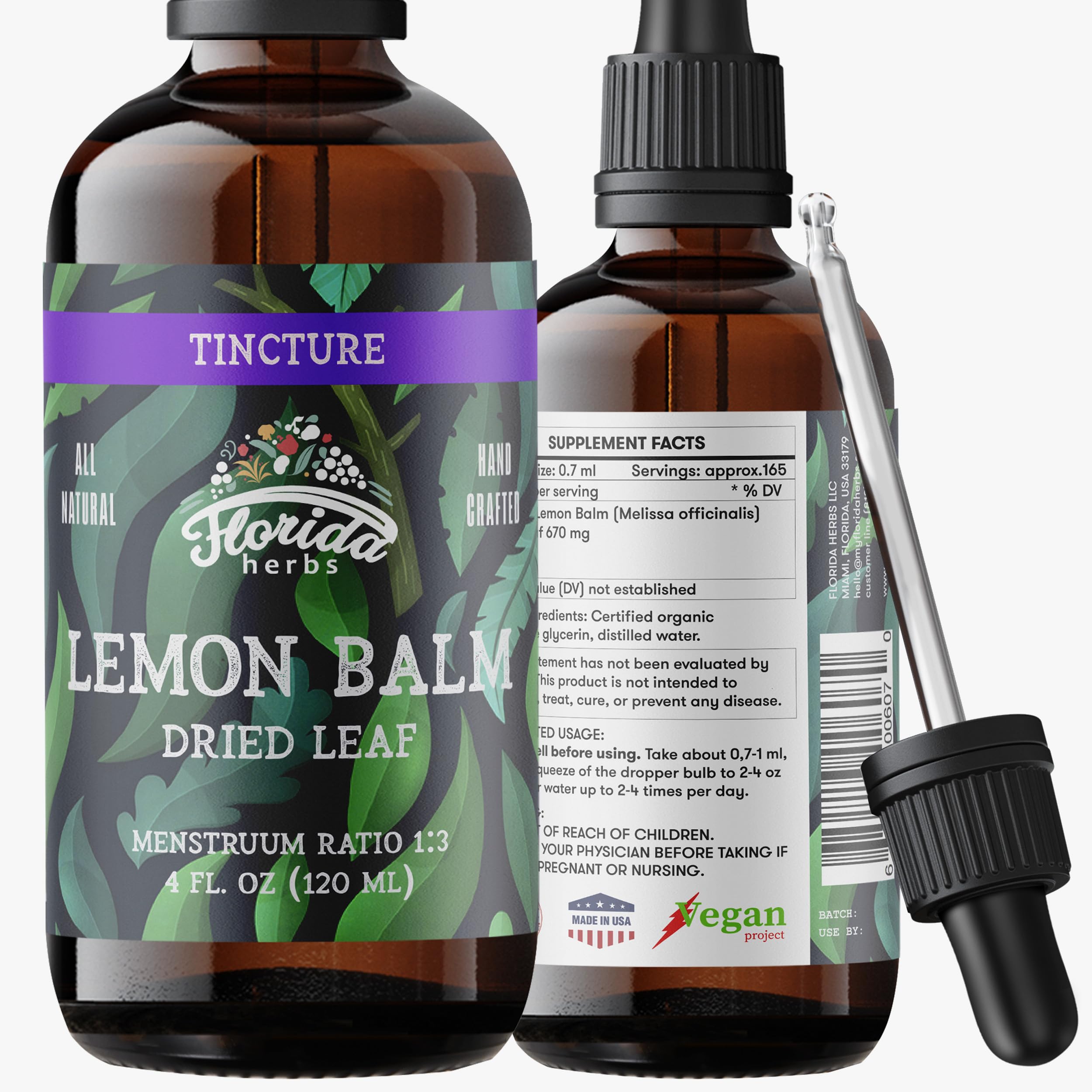 Lemon Balm Tincture 4 oz – Organic Herbal Extract | Alcohol Free | Vegan Herbal Drops 4 Fl Oz (Pack of 1)