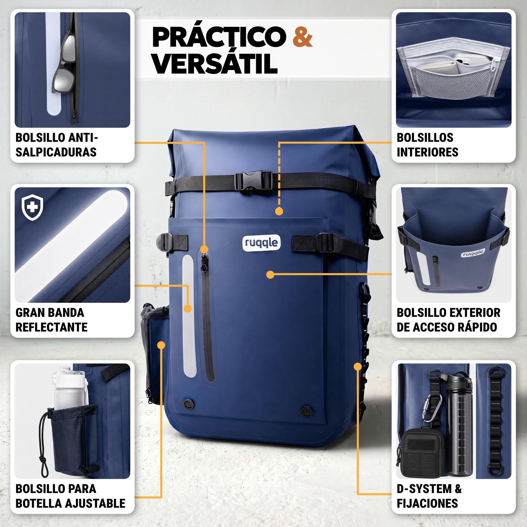 Ruqqle Bolsa Estanca Impermeable 20/30/45L, Mochila Seca Versátil con 3 Bolsillos Externos, Cómoda para Playa, Mar, Barco, Canoa, Paddle Surf, Kayak, Moto, Senderismo, Camping, Pesca, Viaje y Ocio