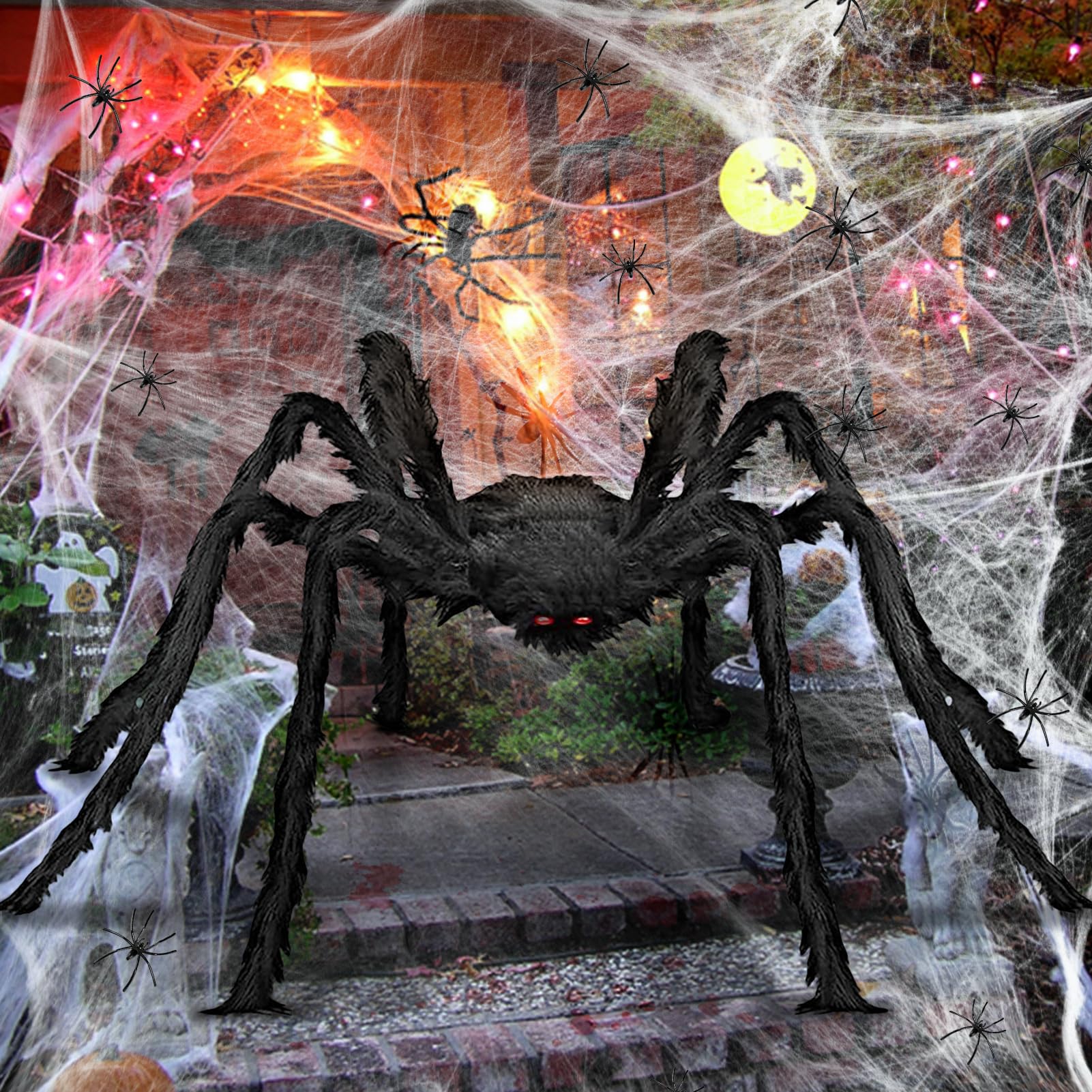 Gillterway Black Giant Halloween Spider, 79" Scary Spider, 60G Spider Web, 20 Pcs Small Fake Spiders, For Indoor/Outdoor Haunted House Props & Parties