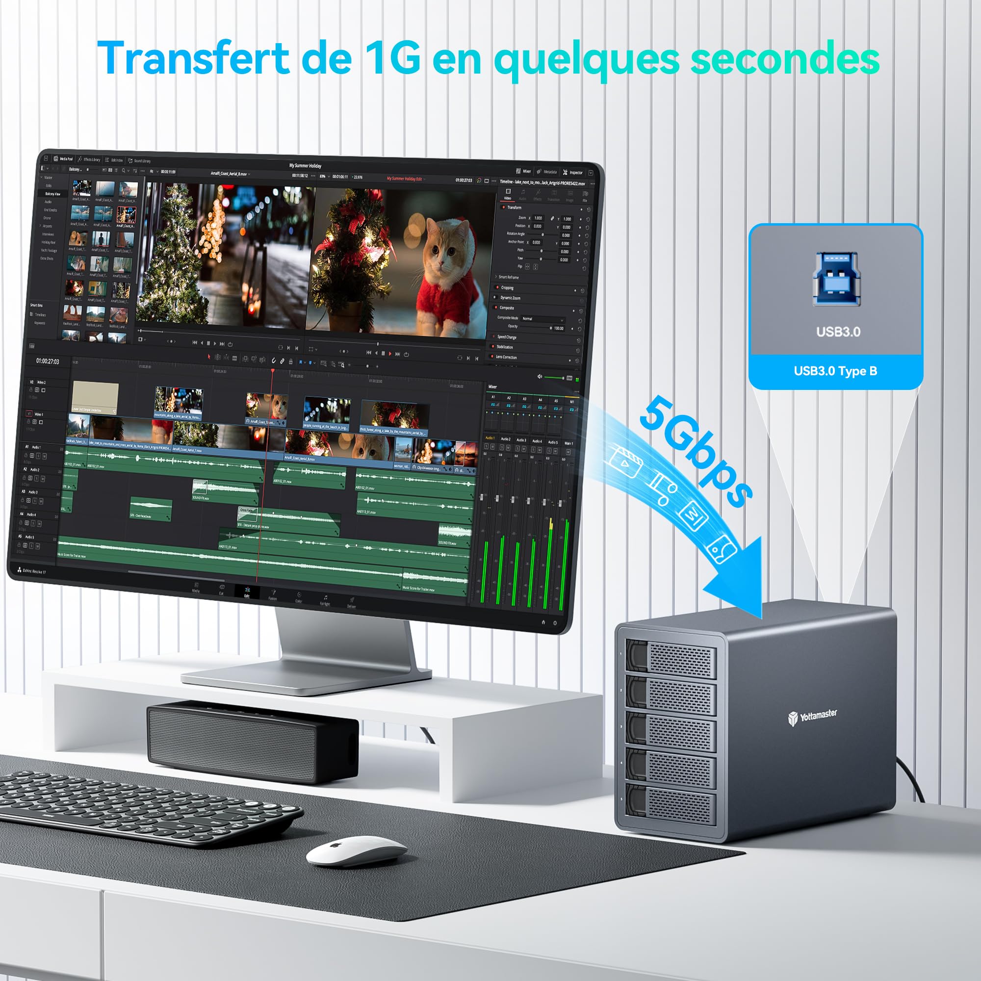Yottamaster 5 Baies Boîtier Disque Dur Externe, USB 3.0 pour 2,5"/3,5" SATA HDD/SSD, Jusqu’à 5 × 24 to, Boîtier Multi Disque Dur en Aluminium avec Ventilateur Intégré de 80 mm