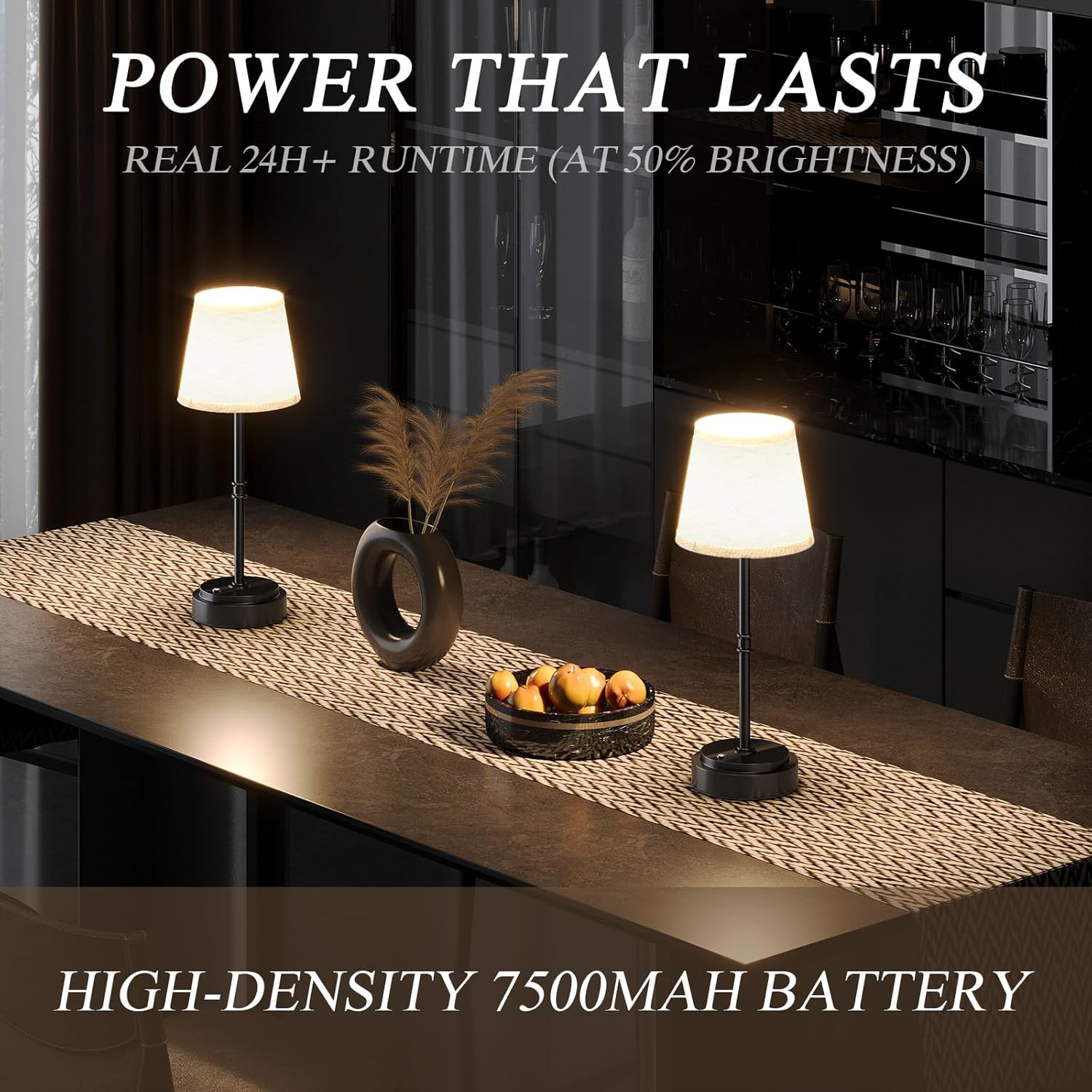 Cordless Table Lamp Rechargeable Black - 1 Pack 7500mAH Battery Operated Lamp for Decor, 3000K Stepless Dimming Touch Control Wireless Lamp for Bedroom, Dining Table, Counter, Living Room