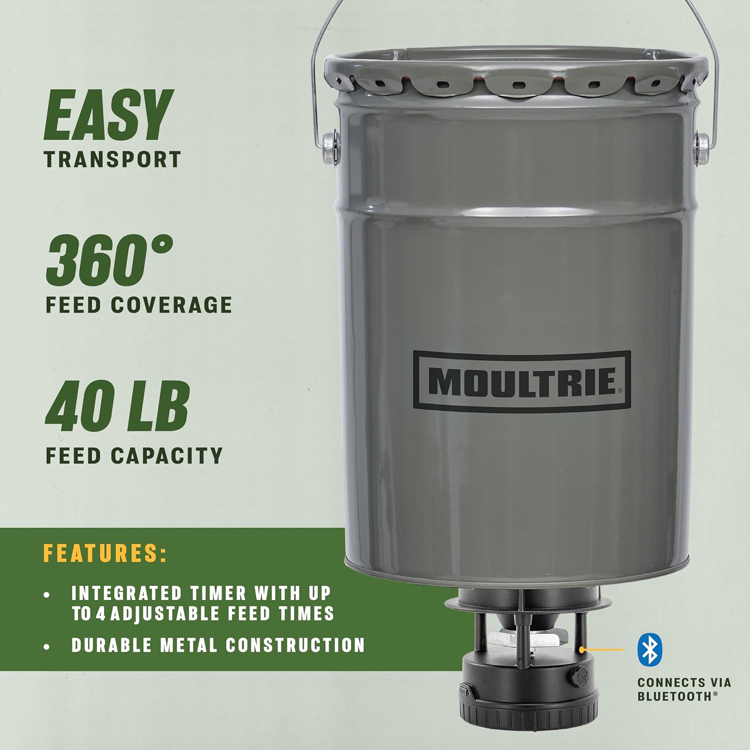 Moultrie 40lb Feeder with features highlighted