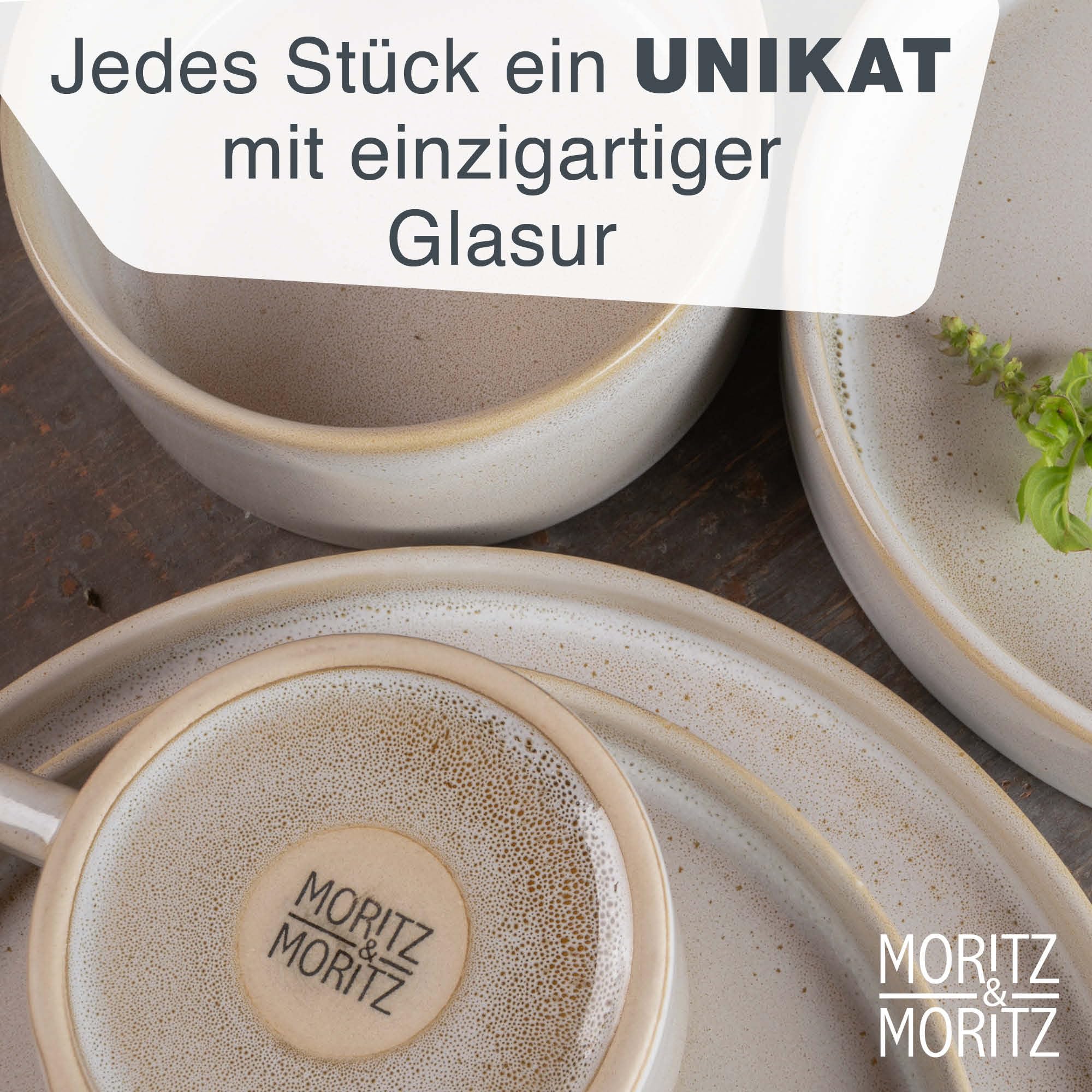 Moritz & Moritz CASTELLO 40-teiliges Geschirrset 8 Personen Beige - Teller Set aus Steinzeug - Geschirr Set Beige aus je 8 Dinnerteller, Dessertteller, Suppenteller, Schüsseln und Tassen