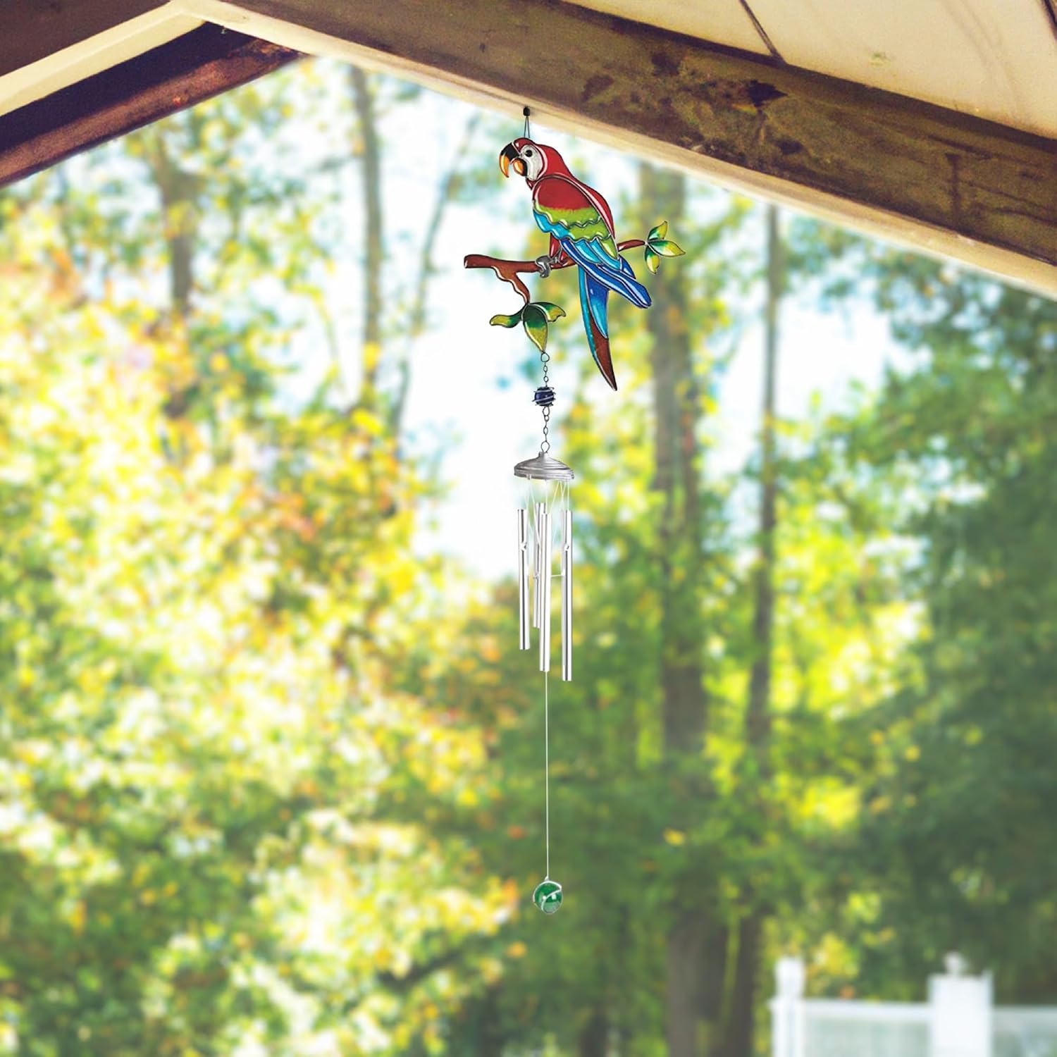 34" Long Red Parrot Pewter Wind Chime with Gem Garden Decor Ideas for House Warming, Holidays and Birthdays Great Collectible Addition