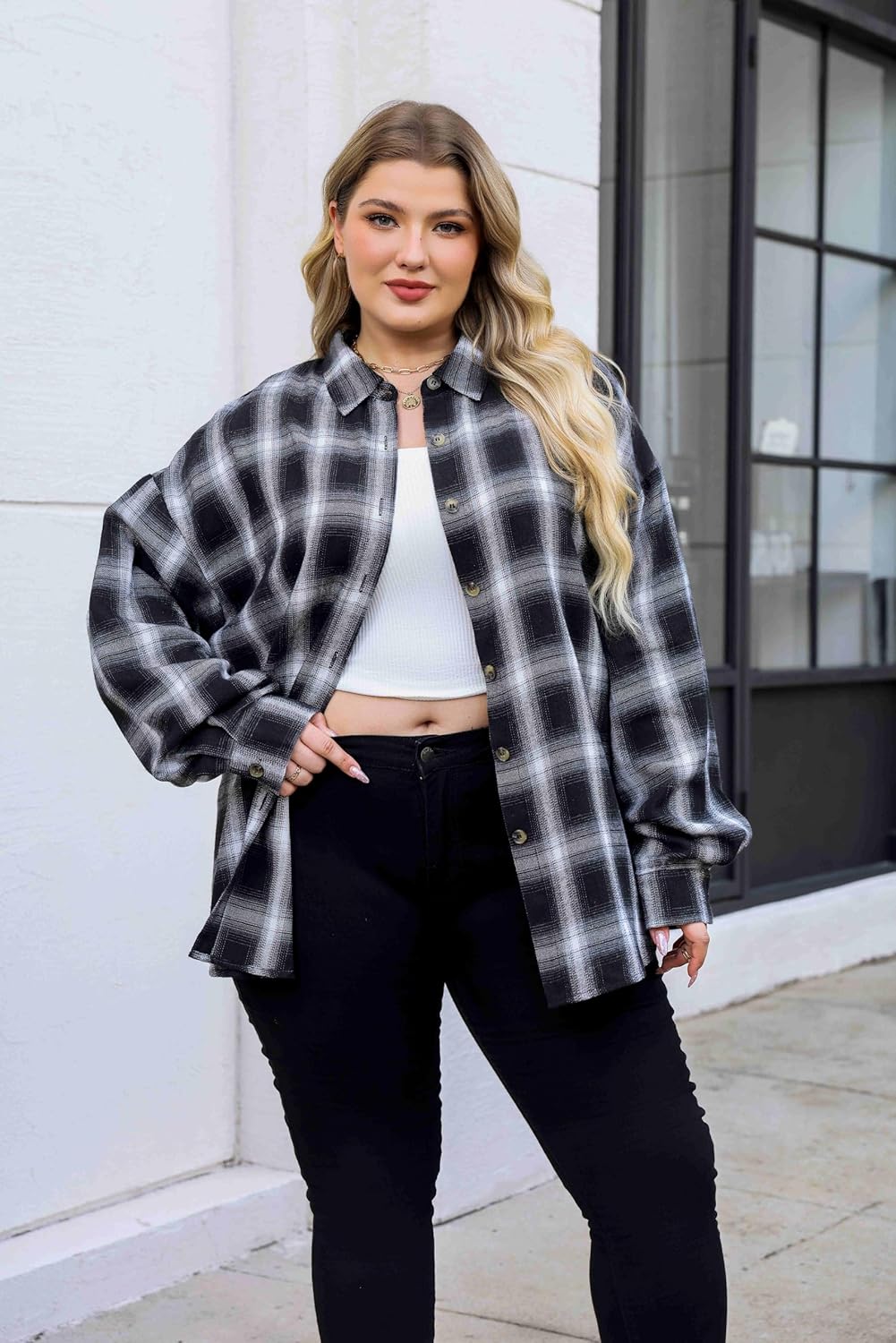 BLANCHES Plus Size Flannel Shirts for Women Lightweight Plaid Shirt Button Down Blouses Casual Boyfriend Shacket - Image 3