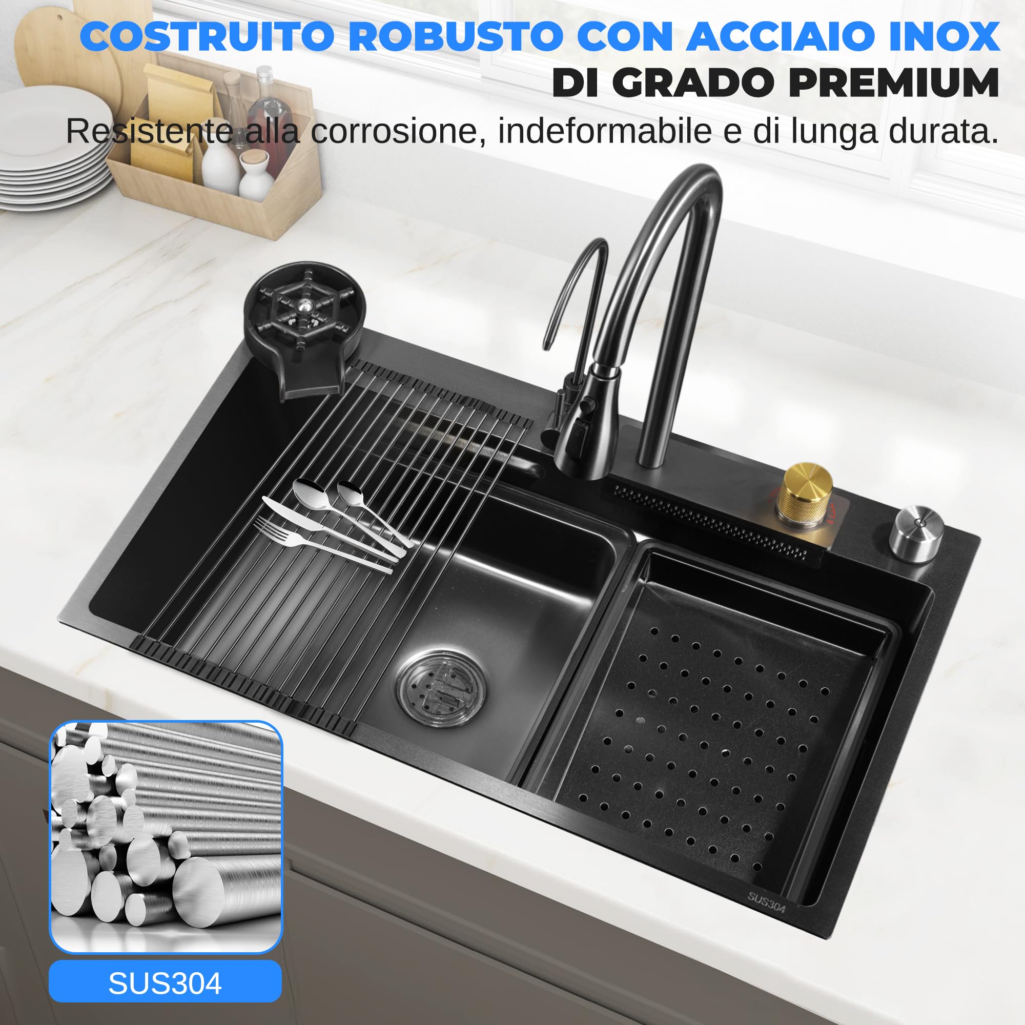 SereneLife Lavello Cucina 1 Vasca in Acciaio Inox Nero 75x46x22 cm, Lavandino Cucina con Scolapiatti, Cestello Filtro, Vassoio e Tagliere