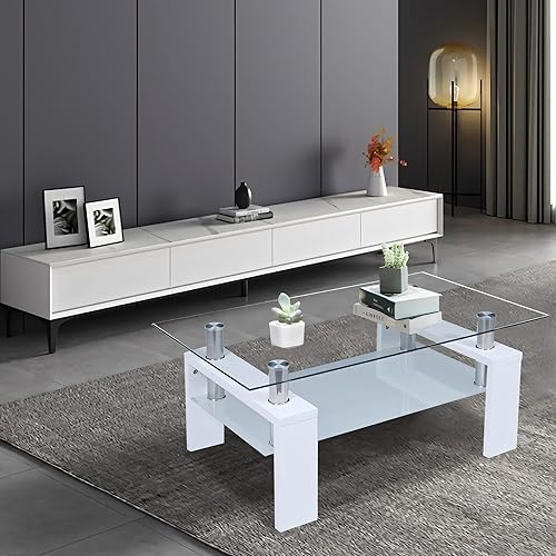 Miniatura 6 de Mesa de centro rectangular de vidrio templado, mesa de té de 2 niveles, mesa auxiliar moderna con estante inferior y patas de madera, mesa de centro