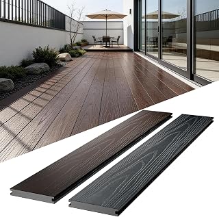 Outdoor Solid Composite Decking Boards 96"x5.43"x1", Polymer Composite Decking for All Weather Use,Poolside,Backyard,Patio(6 Pcs,Rosewood and Light Grey,21.72sqft)