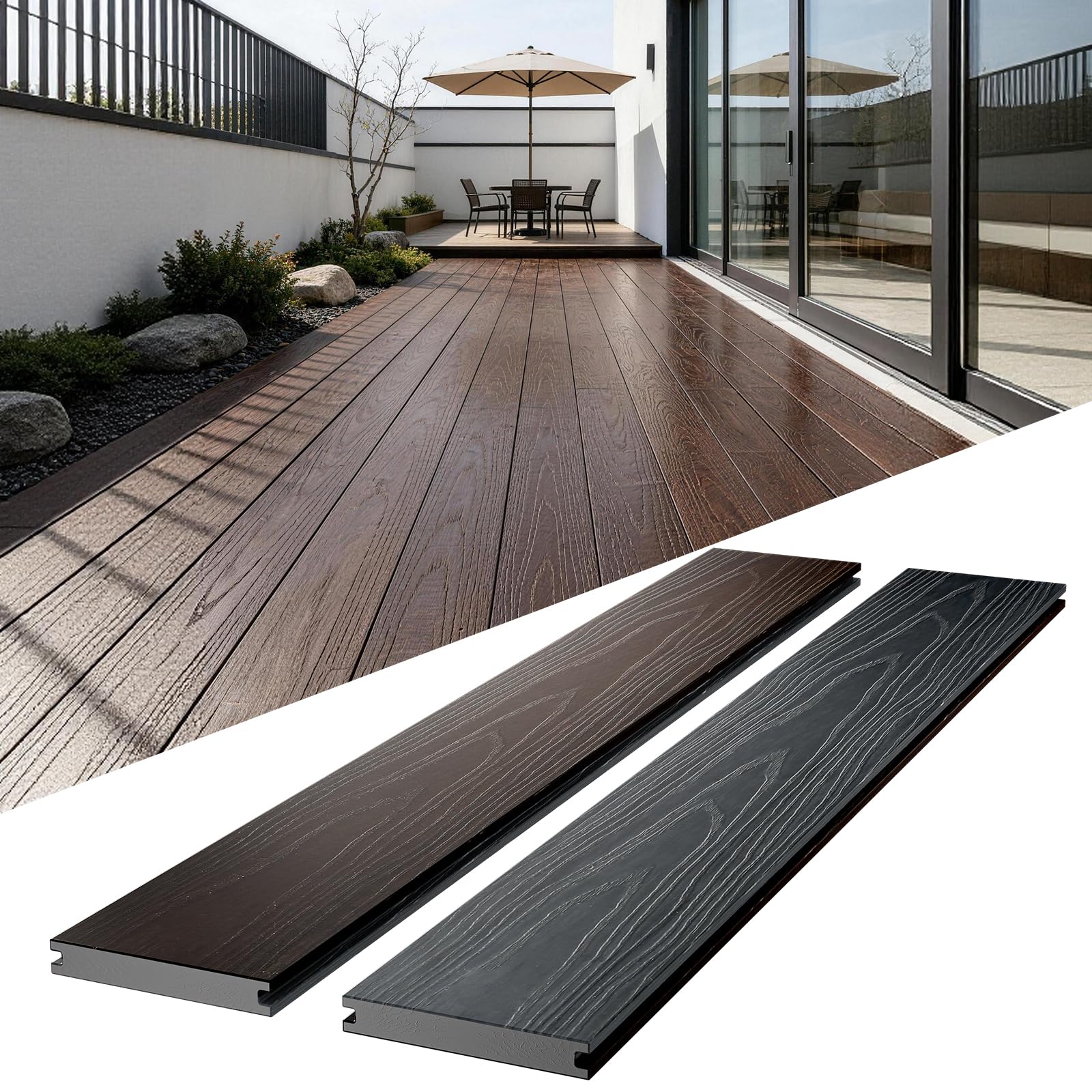 Outdoor Solid Composite Decking Boards 96"x5.43"x1", Polymer Composite Decking for All Weather Use,Poolside,Backyard,Patio(6 Pcs,Rosewood and Light Grey,21.72sqft)