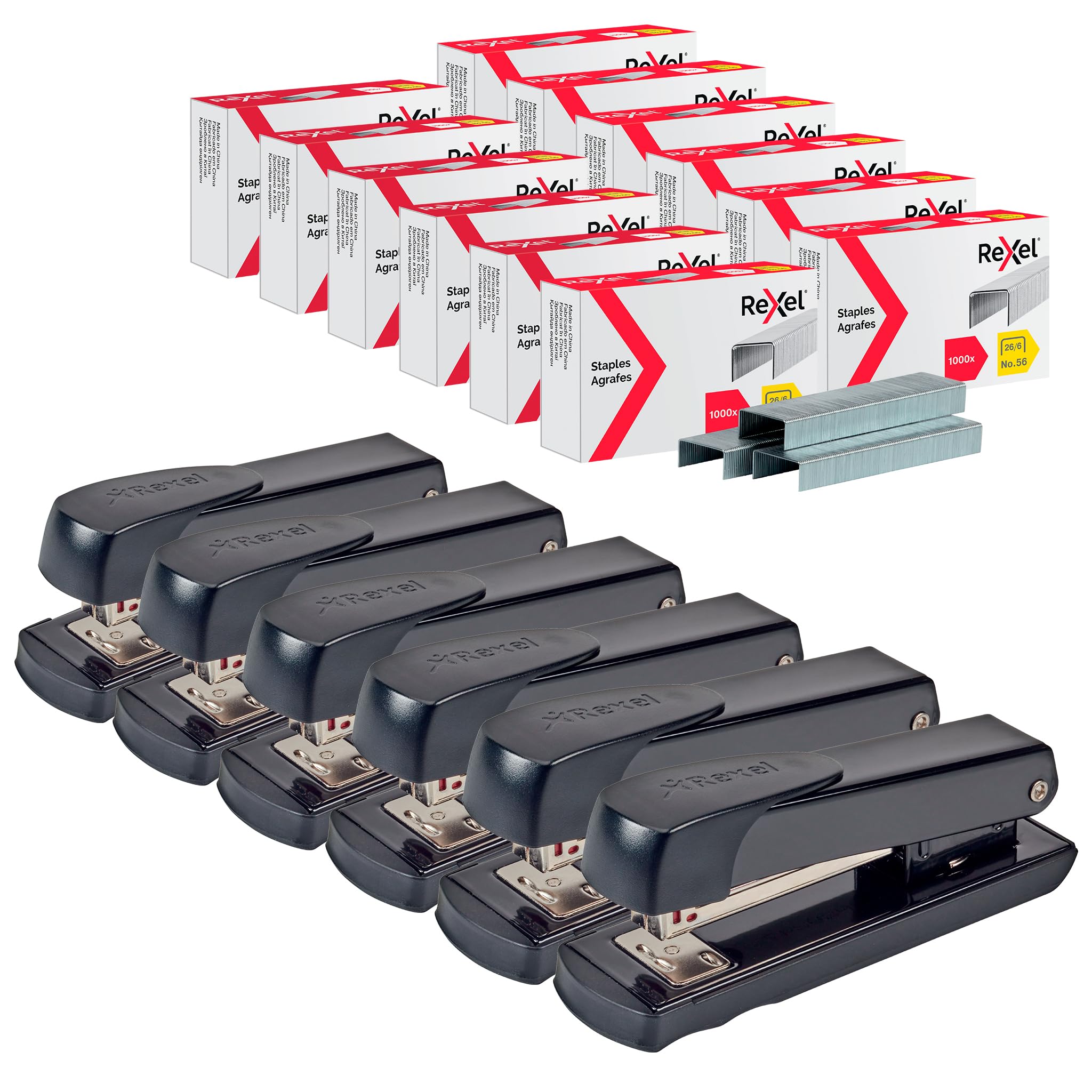 Rexel Set 6 x Heftgerät Meteor Schwarz, Kunststoff, 2100019 + 12 x 1000 Rexel Heftklammern 26/6 verzinkt R06131