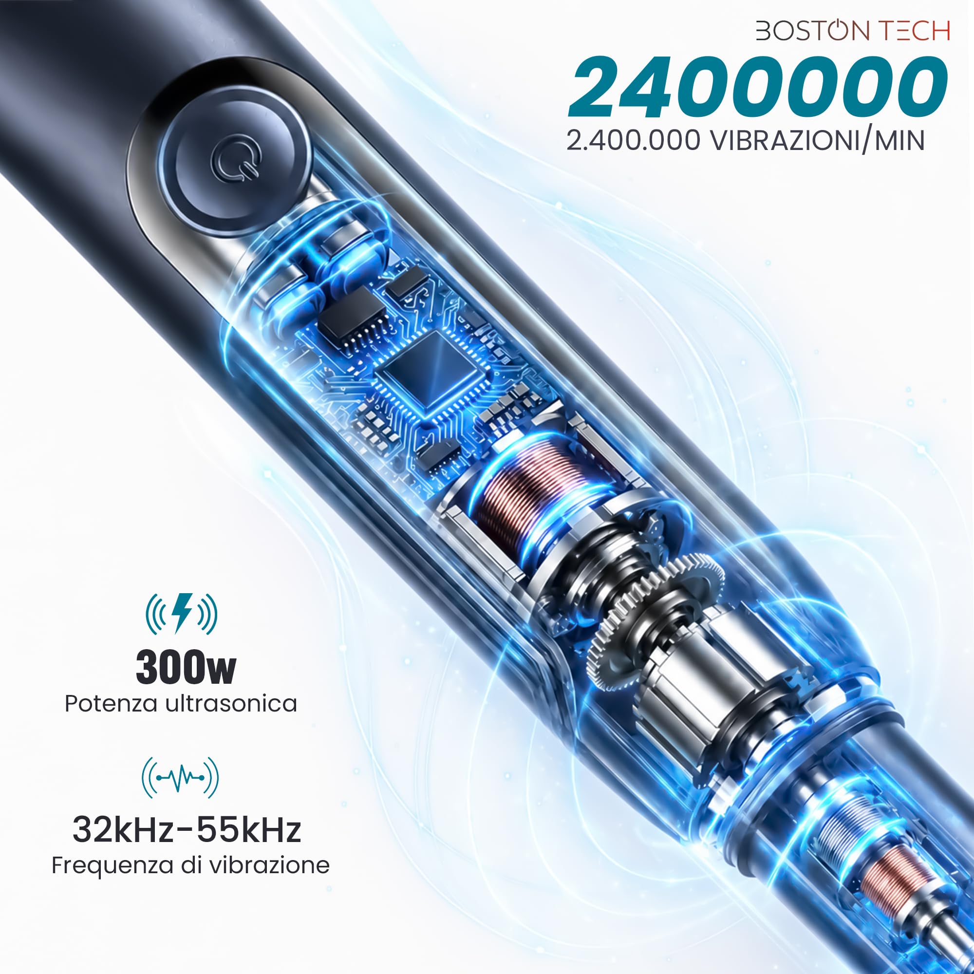 Boston Tech DENTRA Ablatore Tartaro Ultrasuoni, Pulitore Denti Elettrico per Rimuovere Placca e Tartaro, Kit Pulizia Denti con 5 modalità, Ricarica Type-C e Spegnimento Automatico 10 Minuti