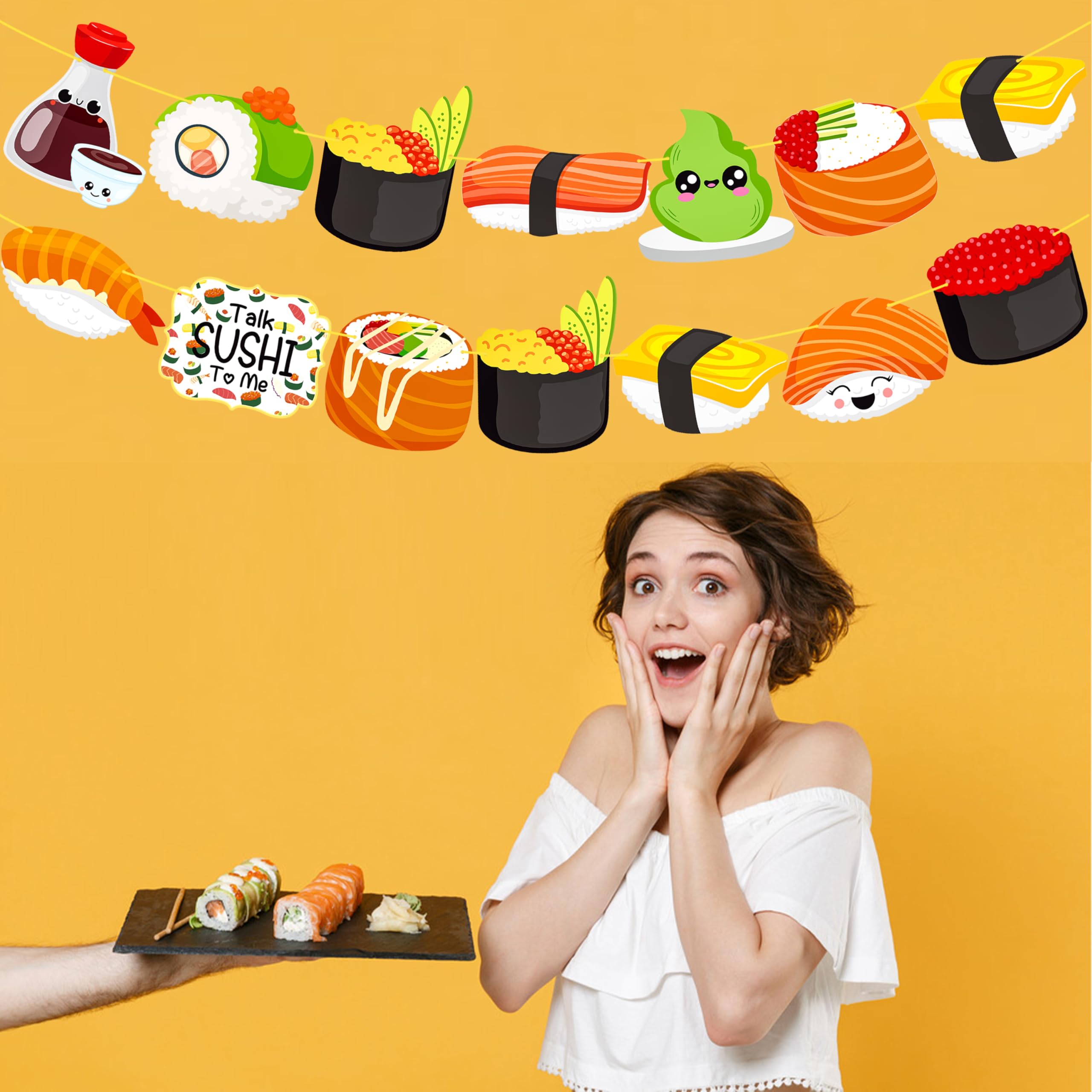 Guirnalda de sushi 2 piezas Let's Roll Sushi Fiesta de Cumpleaños Pancartas recortadas para decoración de fiesta de sushi para temática japonesa, suministros de baby shower 9