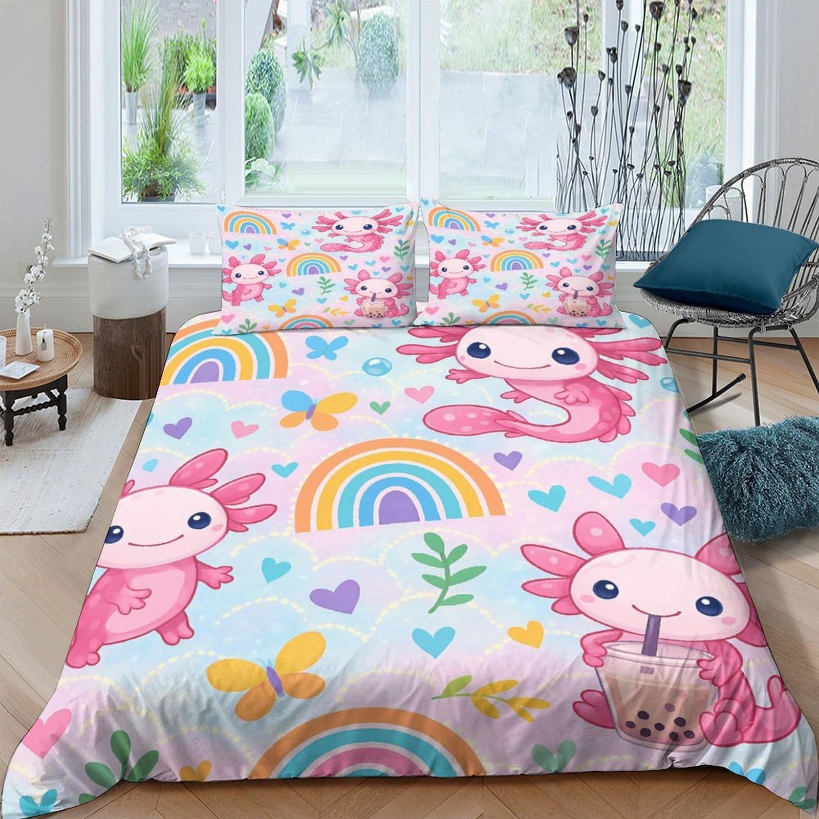 Ctjqhvkz Style-3 3D Printed Cute Axolotl Rainbow Fitted Sheet Microfiber Soft Pastel Cartoon Mattress Cover For Bedroom Dorm Room Decor Single（135X200cm）