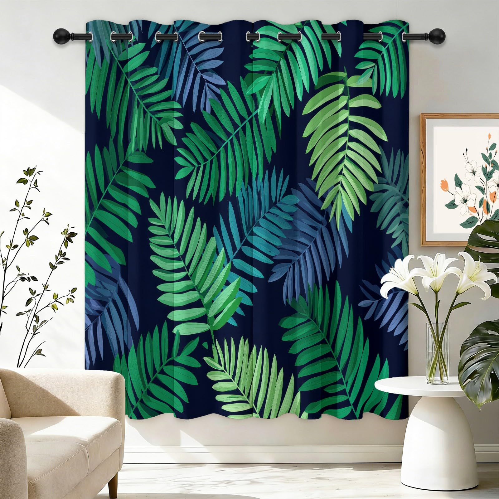 Minimalistyczne rośliny, liście palmowe, wzór nieprzejrzyste, wys. 215 x szer. 110 cm (zestaw 2 szt.), ochrona przed zimnem do standardowej sypialni, ciemnoniebiesko-zielone
