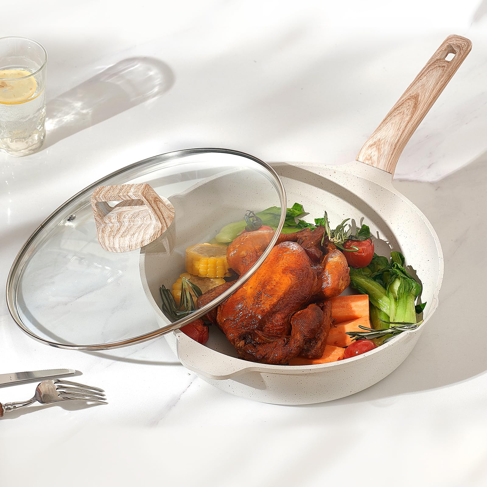 VEVOR Set di Pentole, Padelle Antiaderenti in Granito con Manico, Set di Pentole a Induzione da Cucina per Camper, con Frittura, Coperchi in Vetro Temperato, Bianco 19 Pezzi