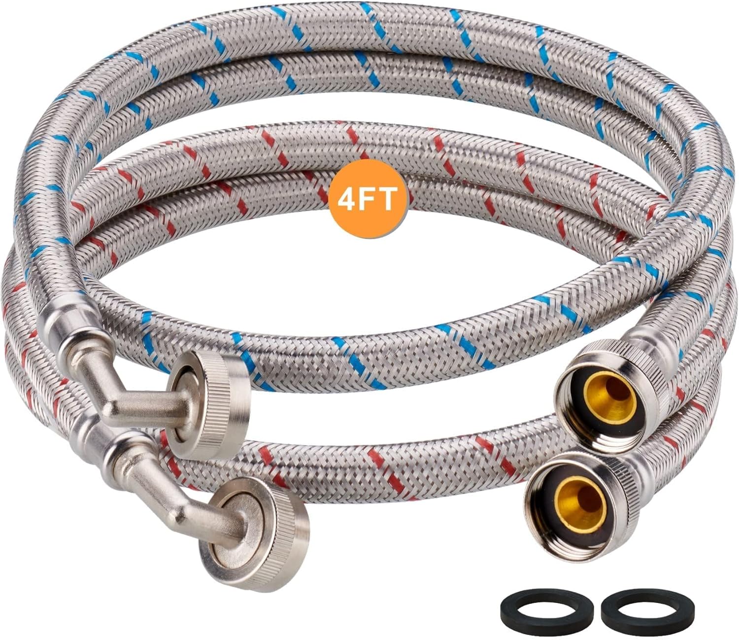Washing Machine Hoses 4 Ft Premium Stainless Steel with 90