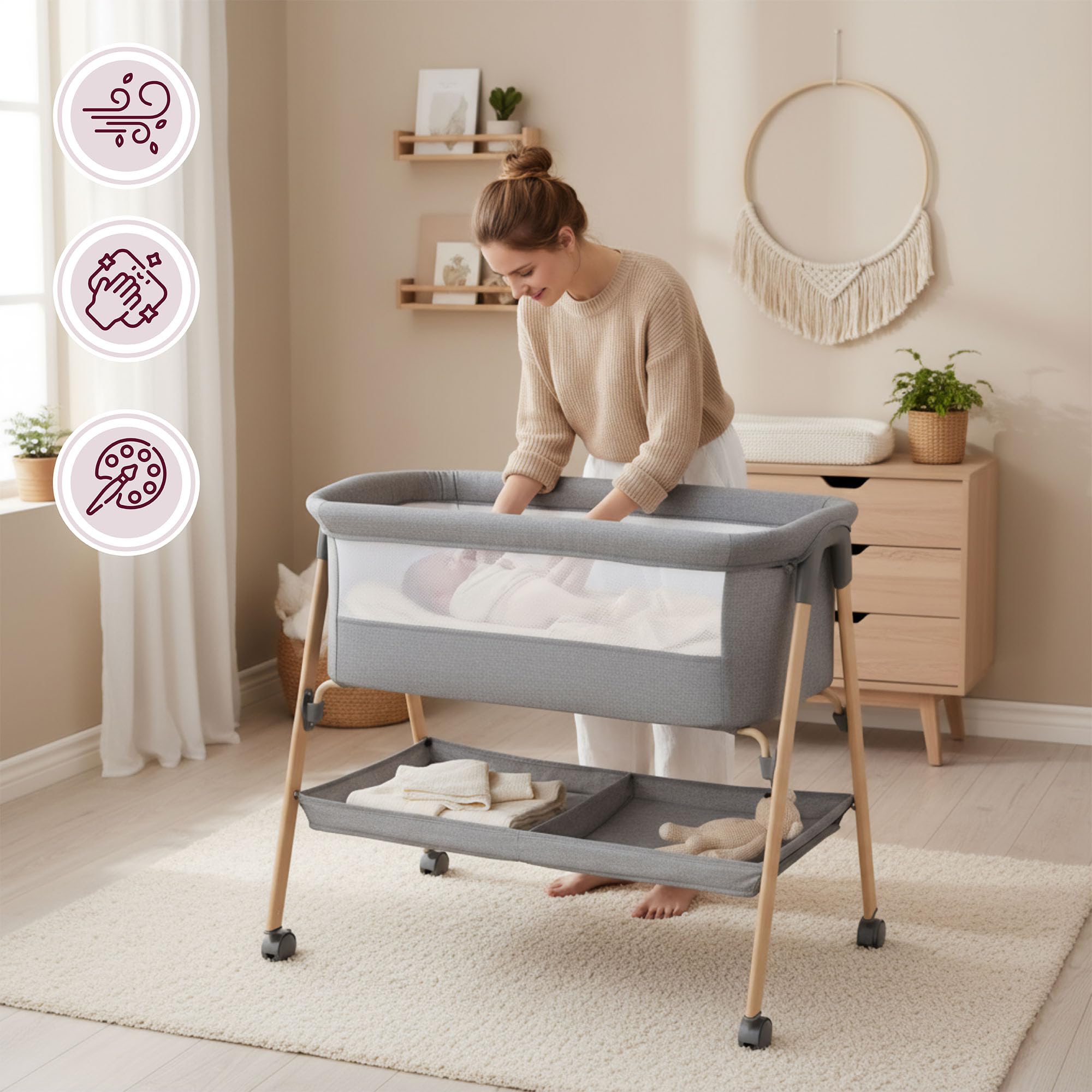 Moby-System Lit Bébé avec Matelas - Berceau Pliant 0-6 Mois - Gris Mélange - Respirant, Léger, Mobile avec roulettes et Freins, Pliable avec Panier de Rangement - LOZ Mili