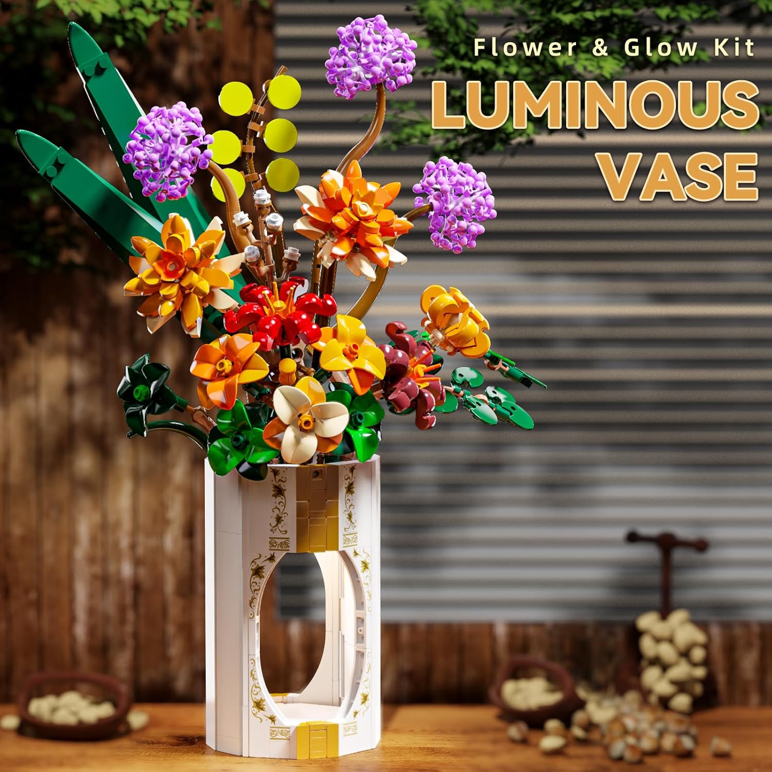 Flowers Bouquet Set for Adults, 890 PCS Flowers Bonsai Plants with Luminous Vase for Home Decor, Botanical Collection Gift for Mother's Day, Birthdays, Valentine's Day