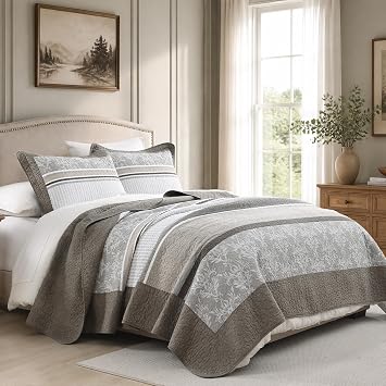 Quilta Quilts Queen Size, Striped Damask Scrollwork Design, Gray/Begie