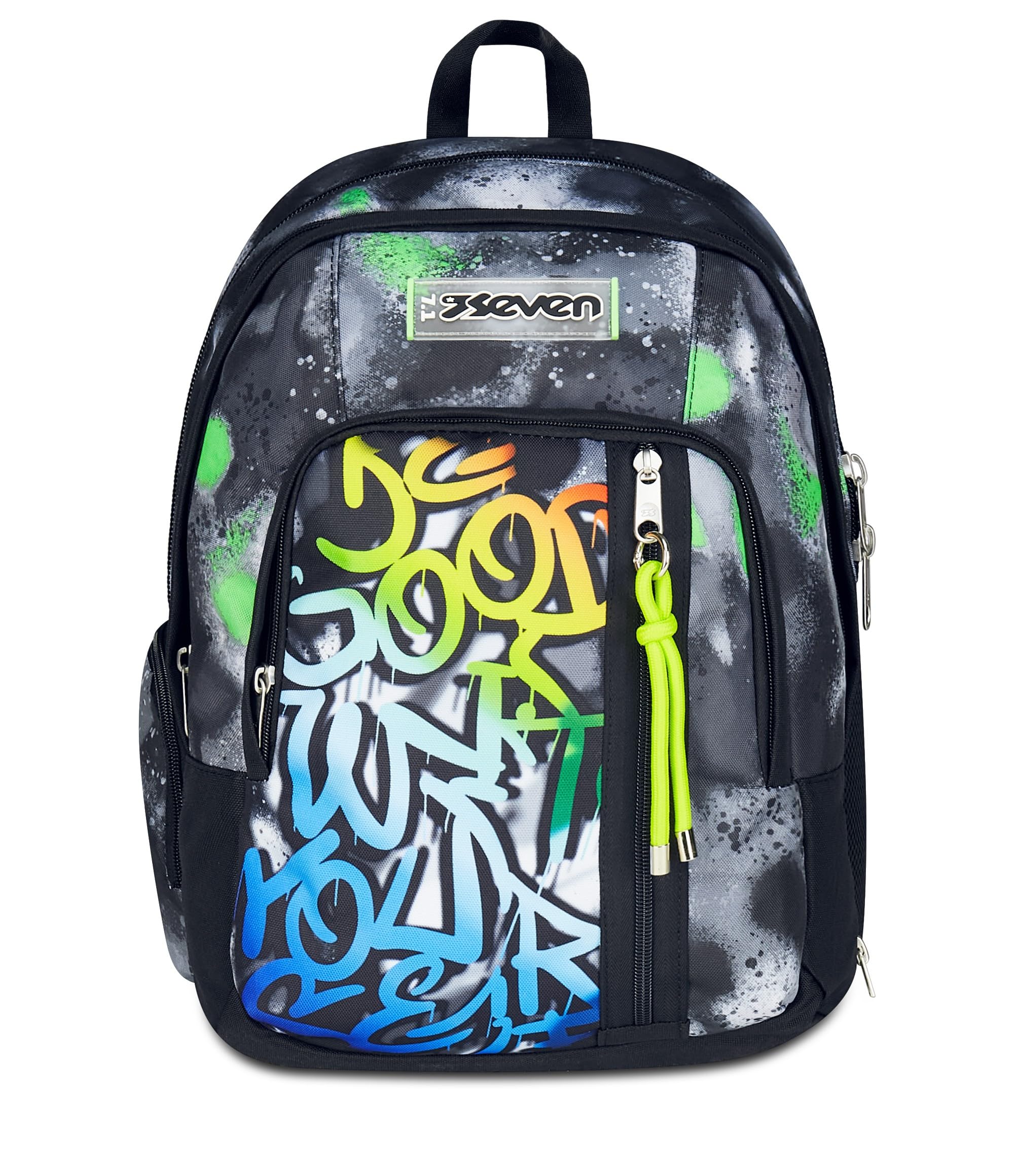 Seven Zaino Scuola Dual Detach SPRINT PAINT BOY, Nero Verde, Doppio Scomparto da 32 L, Con Tasca PC, Tasca Borraccia, Tasca Con Organizer e Scomparto Staccabile, Scuola Media e Superiore