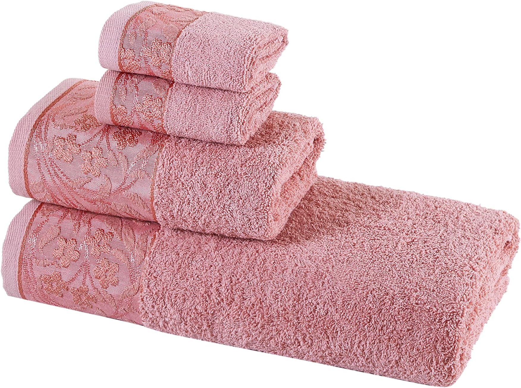 HALLEY Decorative Bath Towels Set, 4 Piece - Turkish Towel Set with Floral Pattern, Highly Absorbent & Fade Resistant Fabric, 100% Cotton - 1 Bath Towels, 1 Hand Towels, 2 Washcloths - Pink