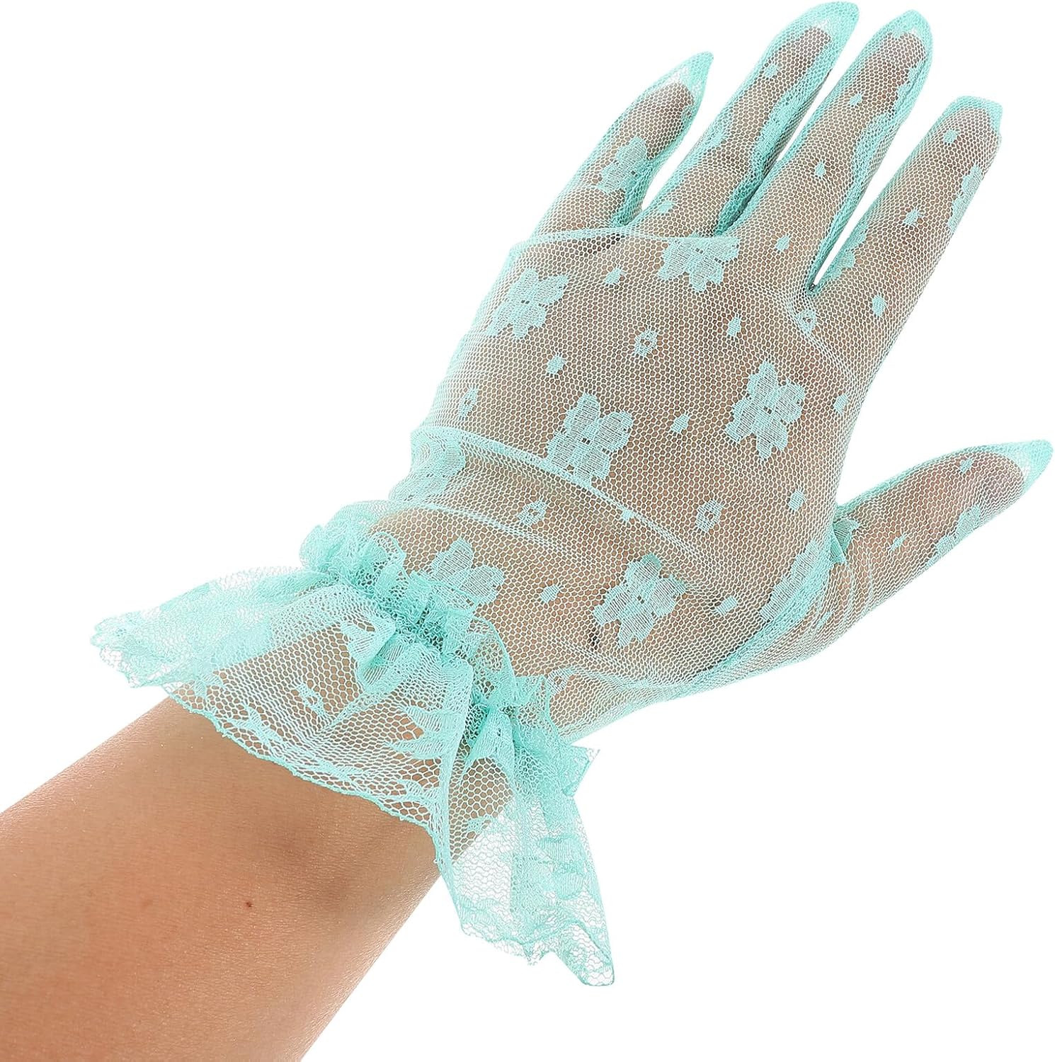 Lace Short Wedding Gloves for Women, Elegant Bridal Evening Gloves, Tea Party Costume Accessories, Light Green Floral Pattern image 4