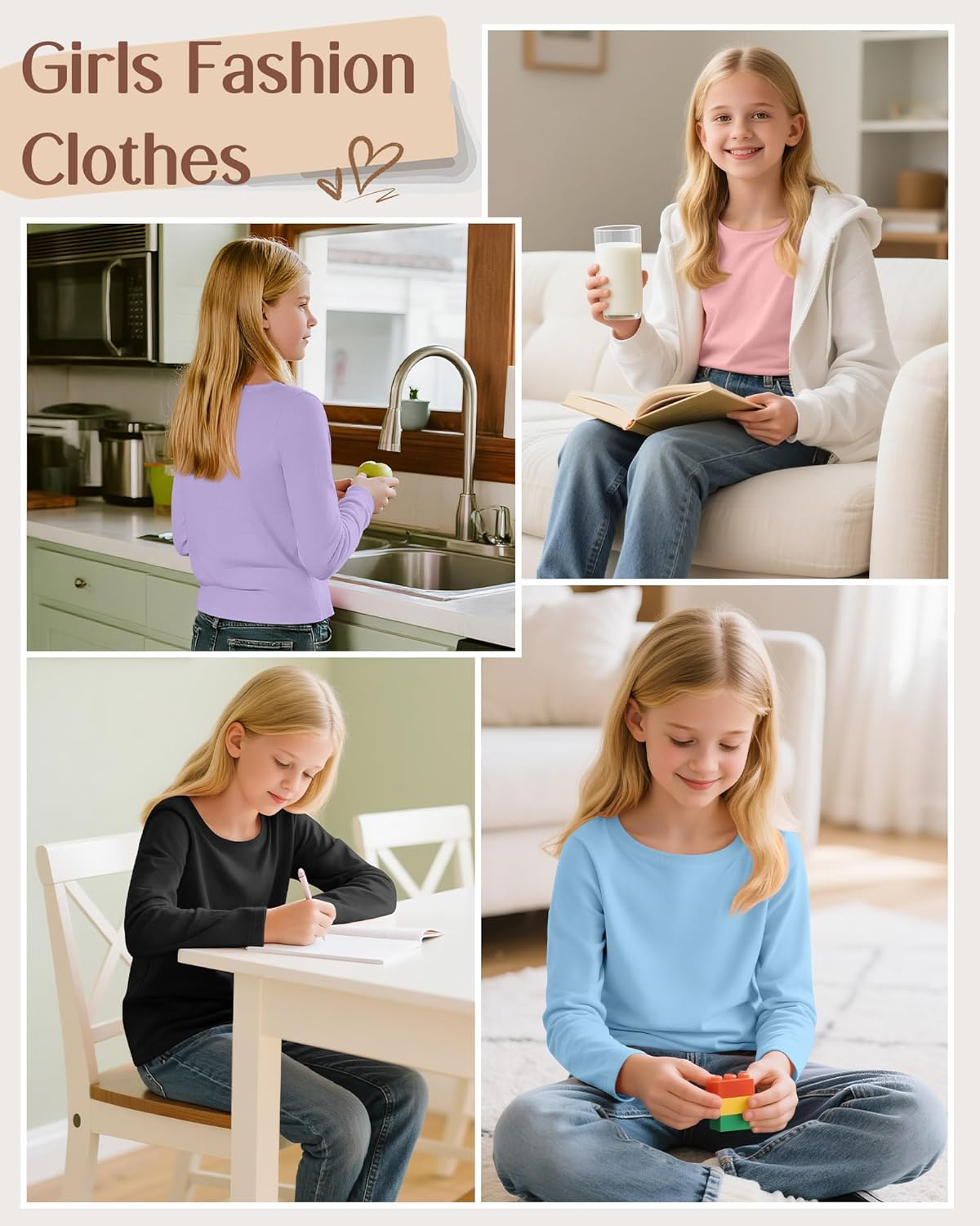 4 Pack Girl's Long Sleeve Shirts, Crew Neck Basic Tops Soft Layering Tees for Teens Kids Undershirts 5-14 Years - Image 5