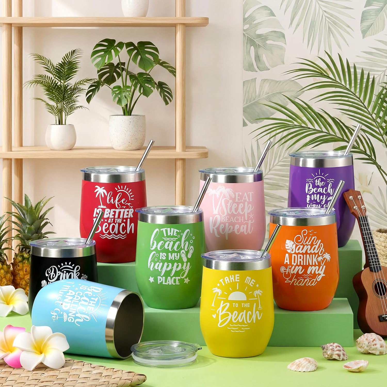 Sliner 8 Pcs Beach Gift Tumbler with Lid 12oz Stainless Steel Summer Beach Is My Happy Place Wine Cups Party Gifts for Ocean Lover Seaside Family Girls Trip Vacation - Image 3