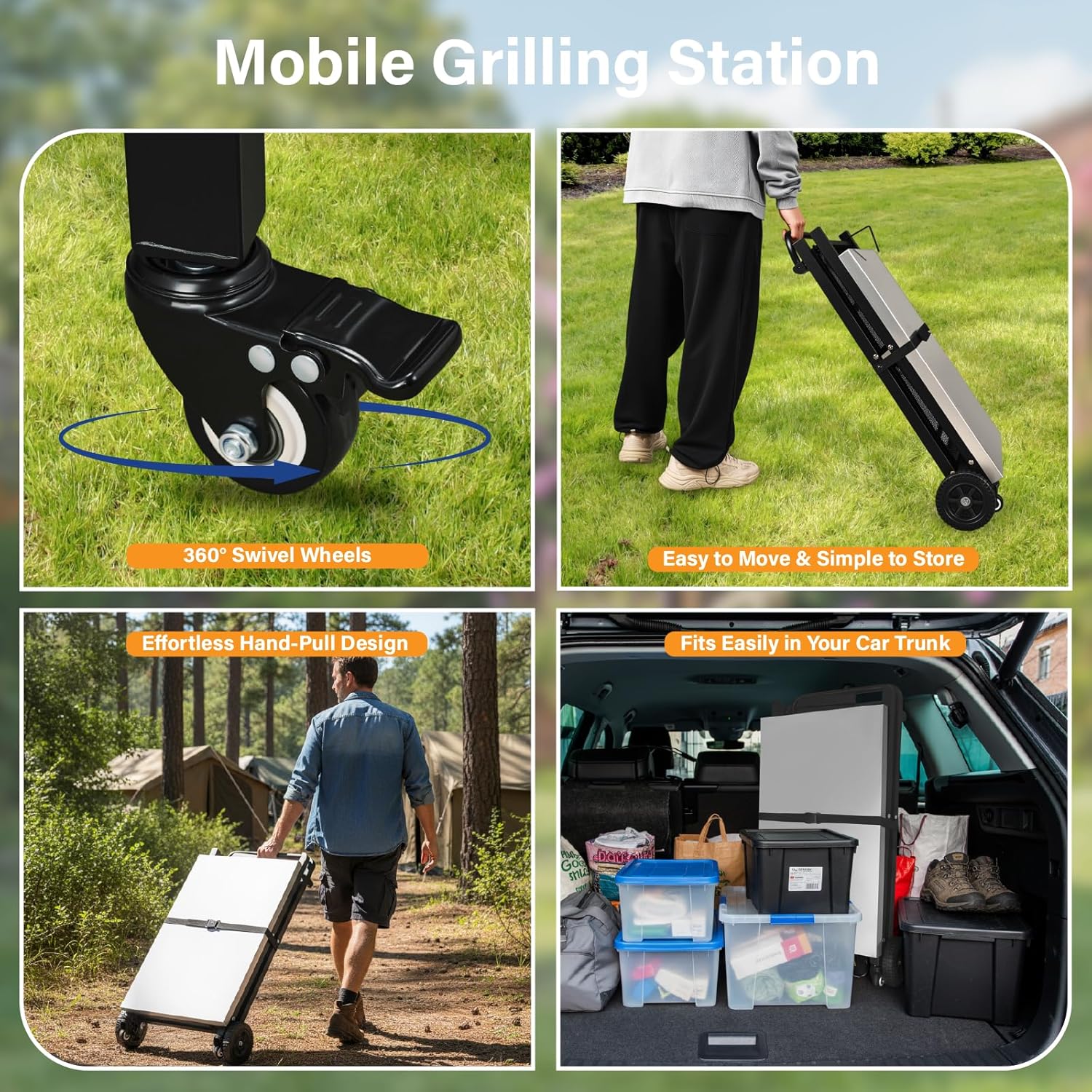 ROVSUN Stainless Steel Foldable Grill Table Cart, Outdoor Food Prep Rolling Cart with Wheels and Storage Shleves, Paper Towel Holder, Easy Movable Kitchen Island for Home, Patio, Pizza Oven