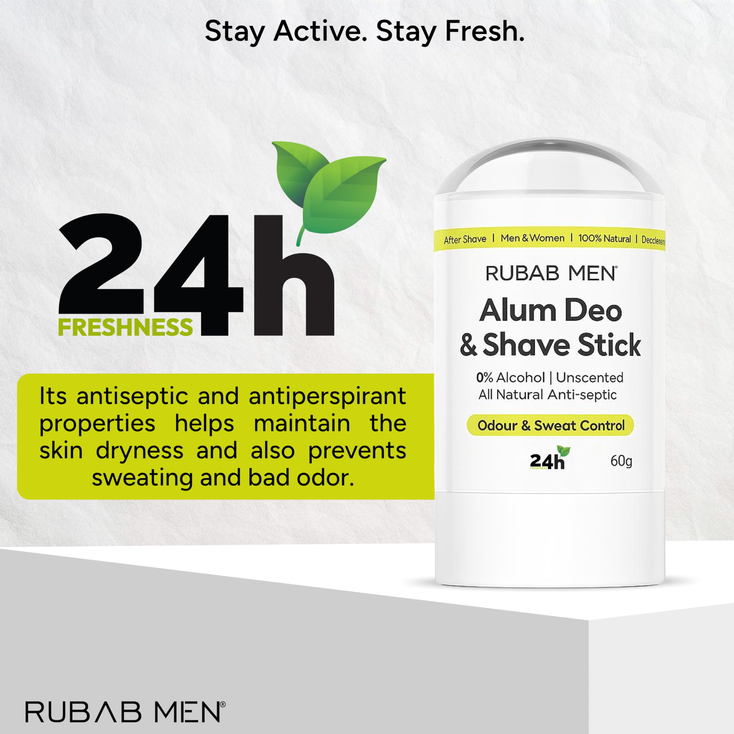 RUBAB MEN Natural Alum Stick Roll-On for Men & Women| 100% Pure Alum Bar for Underarm Odour Control or After Shave Cuts Healing| Antiseptic Natural Cooling Stone