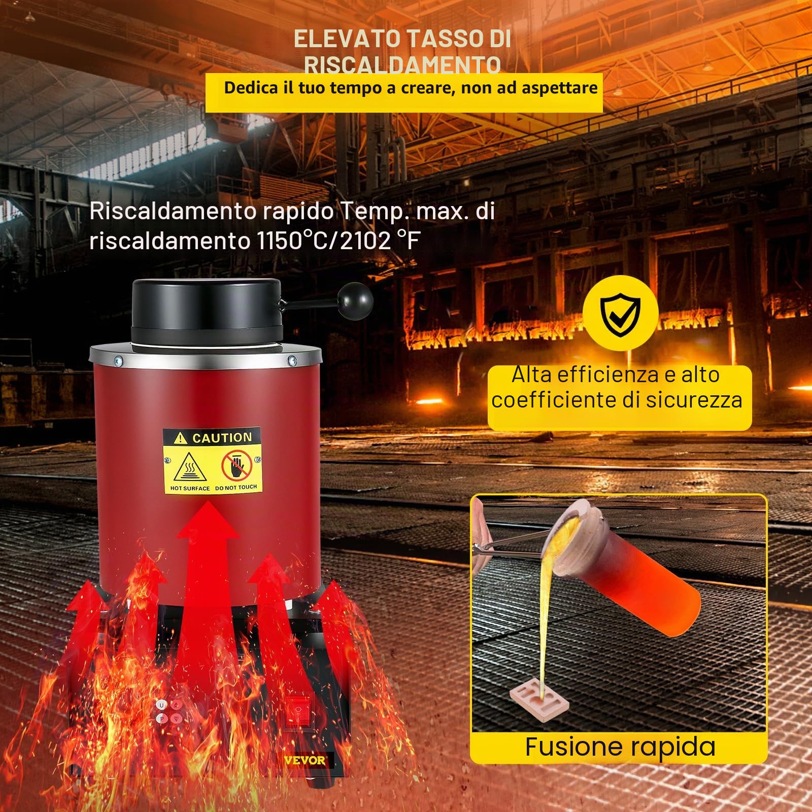 VEVOR Forno di Fusione per Oro 1350 W, Temperatura Max. 1150 ℃, Forno Fusorio Elettrico con Crogiolo in Ceramica da 3 kg, Matrice per Lingotti e Guanti, per Lavorazione di Oro, Argento