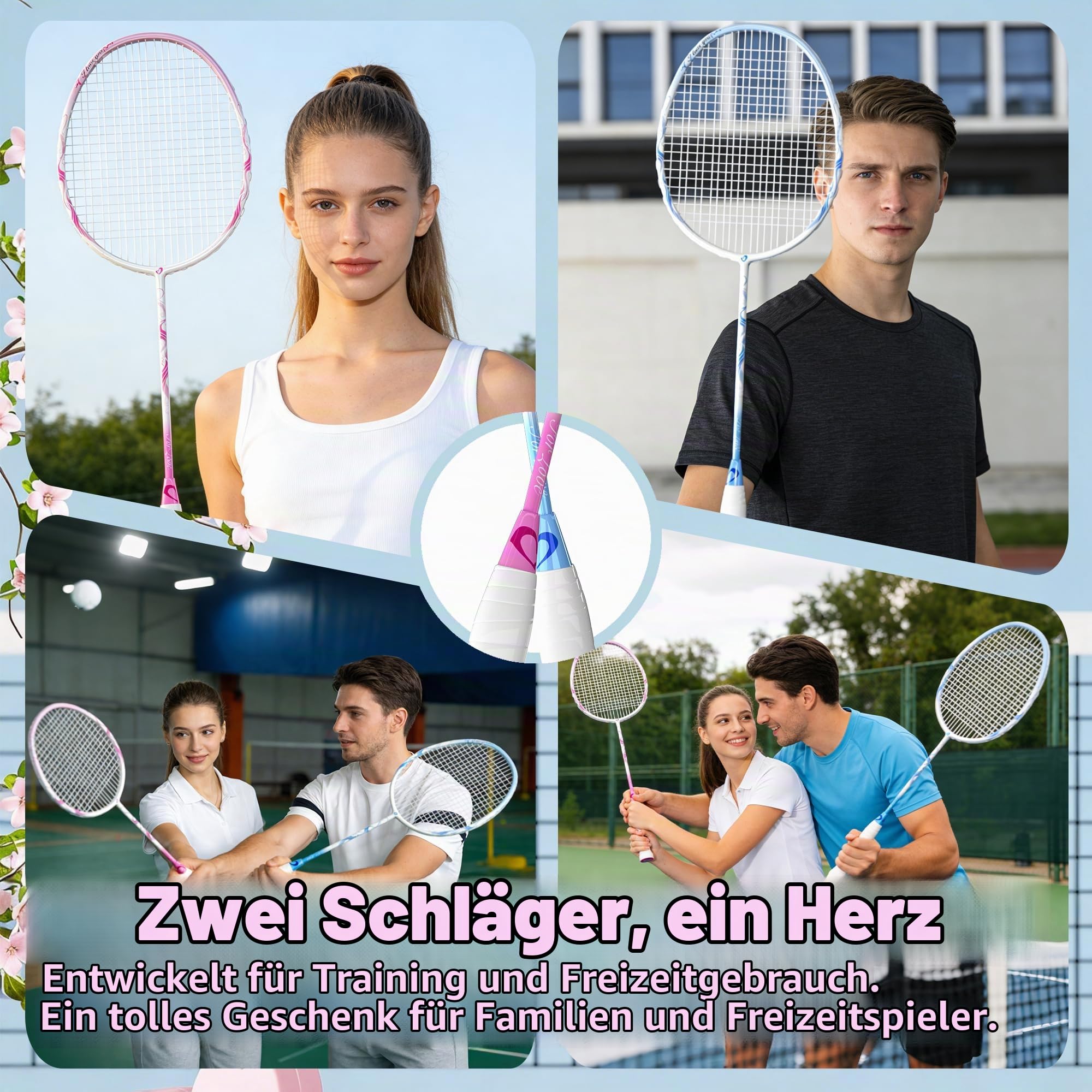 Senston Badminton Schläger Set Herzdesign für Paare Freizeit Training | Herzförmiges Design, Kohlefaser Schaft, Eingebautes T-Stück, Stabil, Komplettes Set, Mit Tasche, Für Paare, Freizeit Training