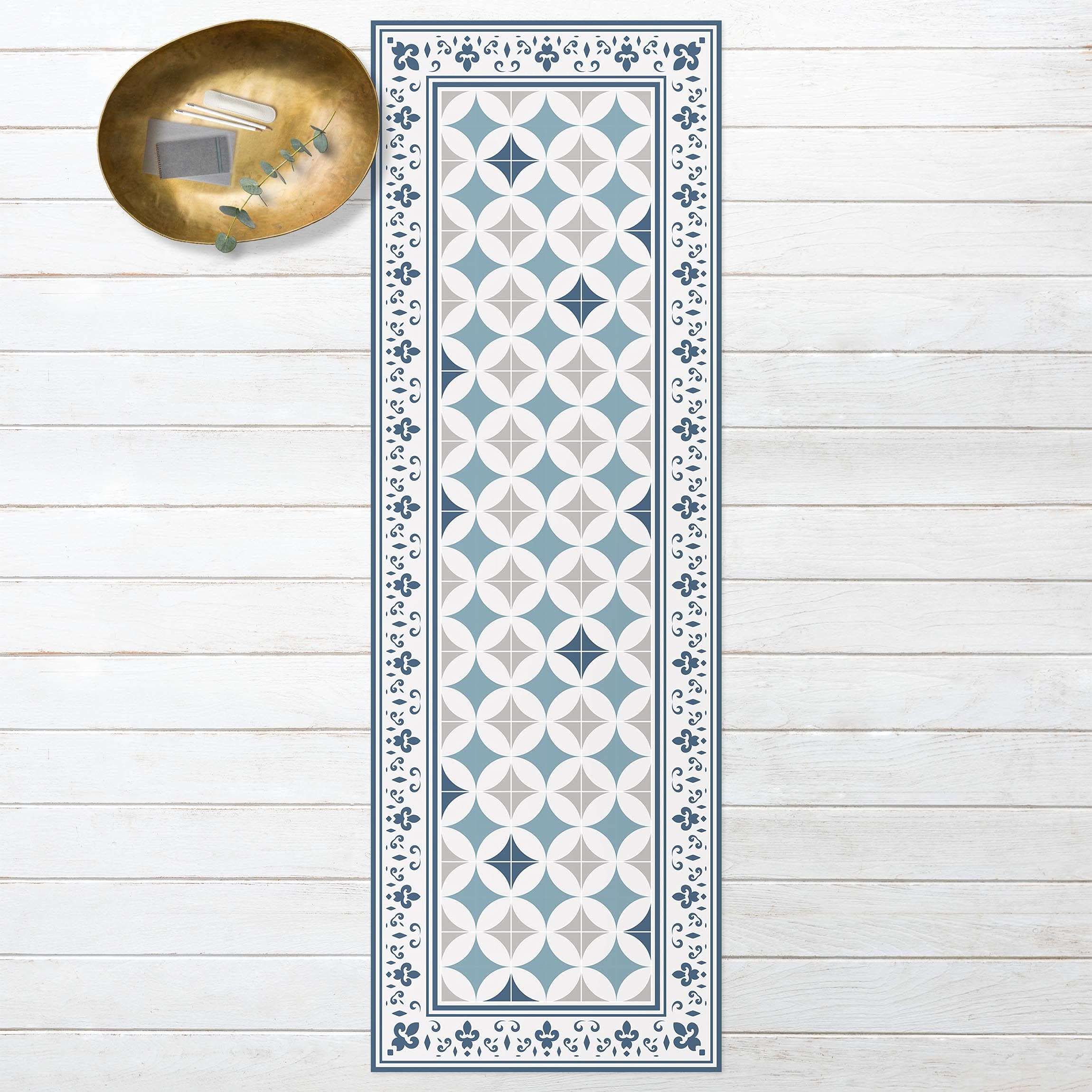 Tapis en Vinyle essuyable à l'eau à Motifs Collage sans Bulles Protection de Sol géométrique Tapis antidérapant Bleu Imitation carrelage Cuisine Couloir 3074 (60x180cm)