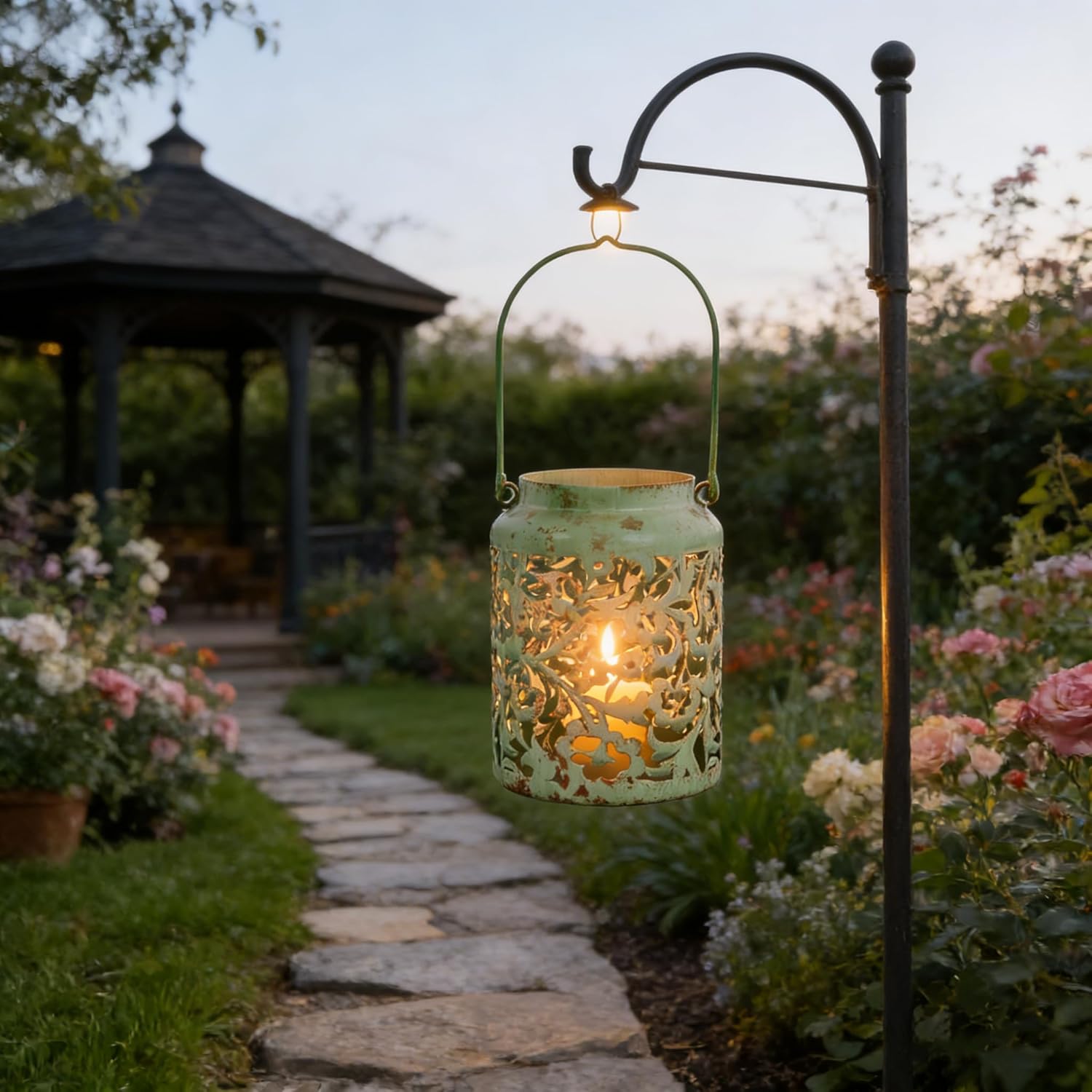 Vintage Metal Candle Lanterns with Handle Rustic Distressed Light Green Decorative Candle Holder with Floral Cut-Out Design for Home, Garden, Patio, Porch, Parties, Weddings Decor