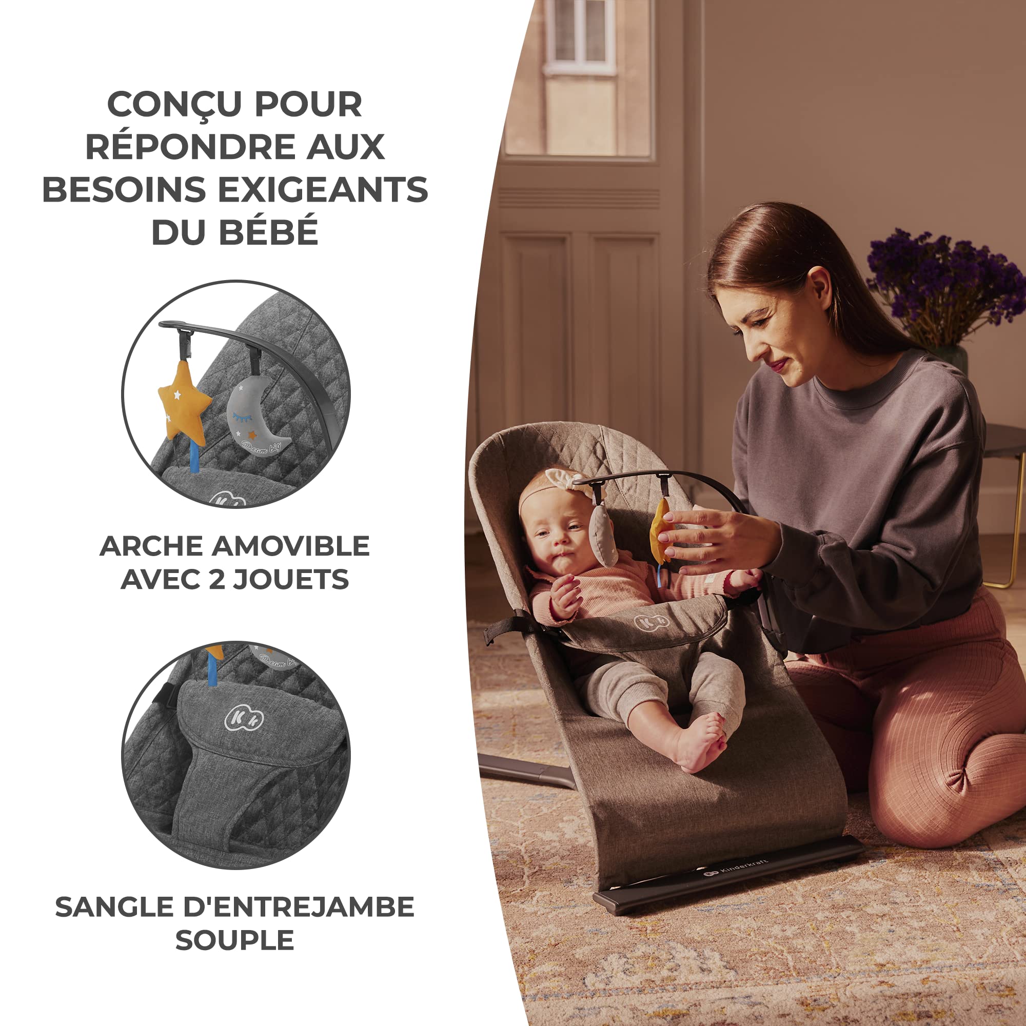 Kinderkraft MIMI Transat bébé, Balancelle de La Naissance à 9 Mois, Dossier réglable sur 3 niveaux, Pliable à plat, Facile à transporter, Arche avec jouets, Gris