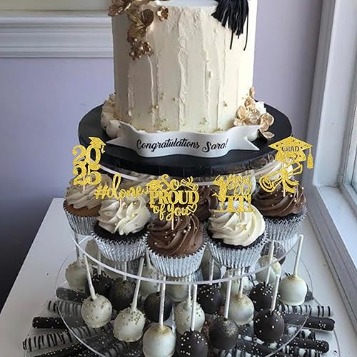 Miniatura 4 de Paquete de 24 adornos dorados para cupcakes de graduación 2025 con purpurina So Proud of You Done Diploma Graduation Cap Cupcake Picks Class of 2025