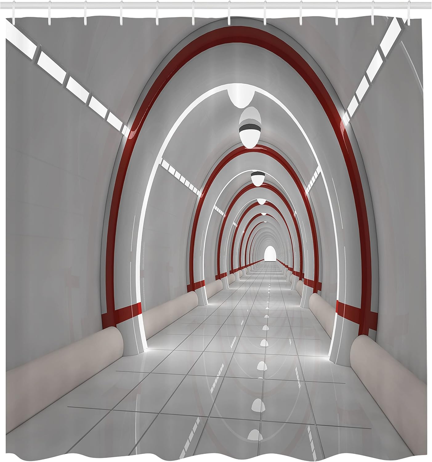 Ambesonne Outer Space Shower Curtain, Station with The Clean Walls Featured Surface Alien Astronomy Big Bang Ship, Cloth Fabric Bathroom Decor Set with Hooks, 69" W x 75" L, White Red