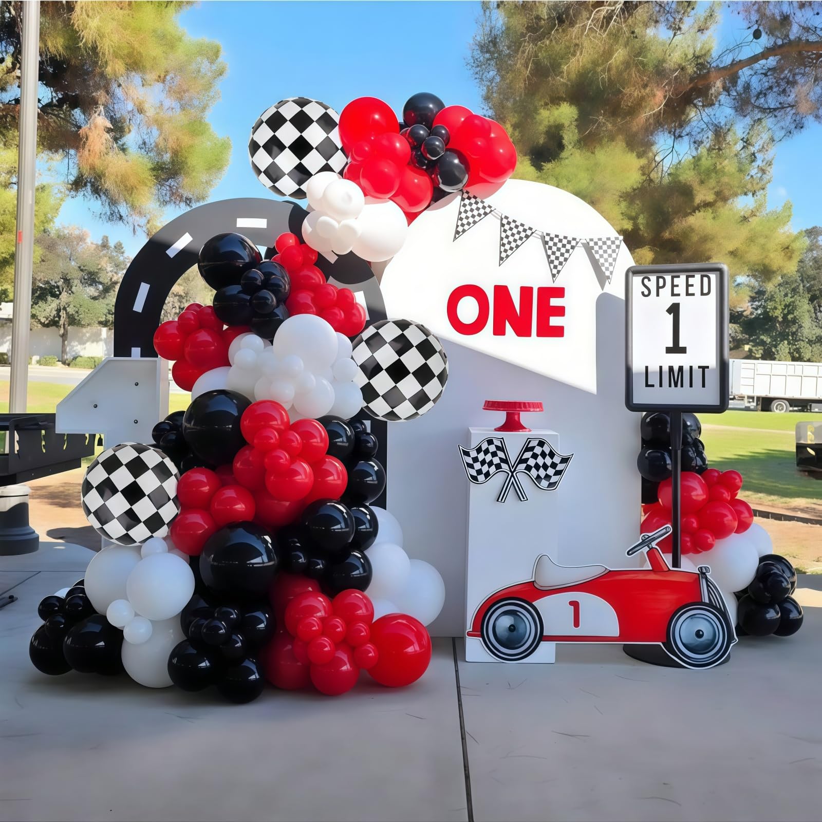 Racing Car Balloons Arch Garland Kit, Red and Black White Checkered Foil Balloons Garland Kit, Wheels Balloon for Boys Birthday Baby Shower Race Car Theme Party Decorations Supplies — view 4